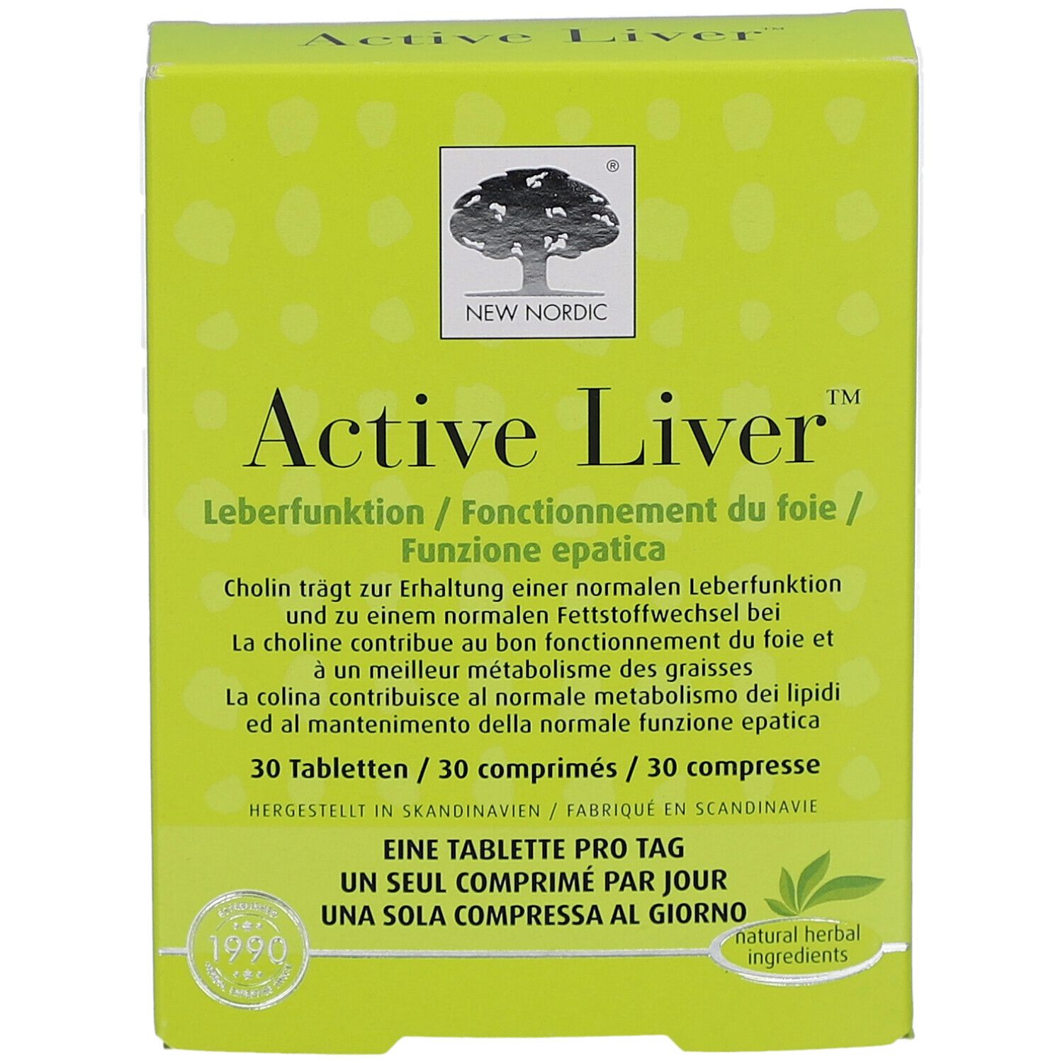 Boîte verte "Active Liver". Contient 30 comprimés. Marque : New Nordic. Logo et texte multilingue.
