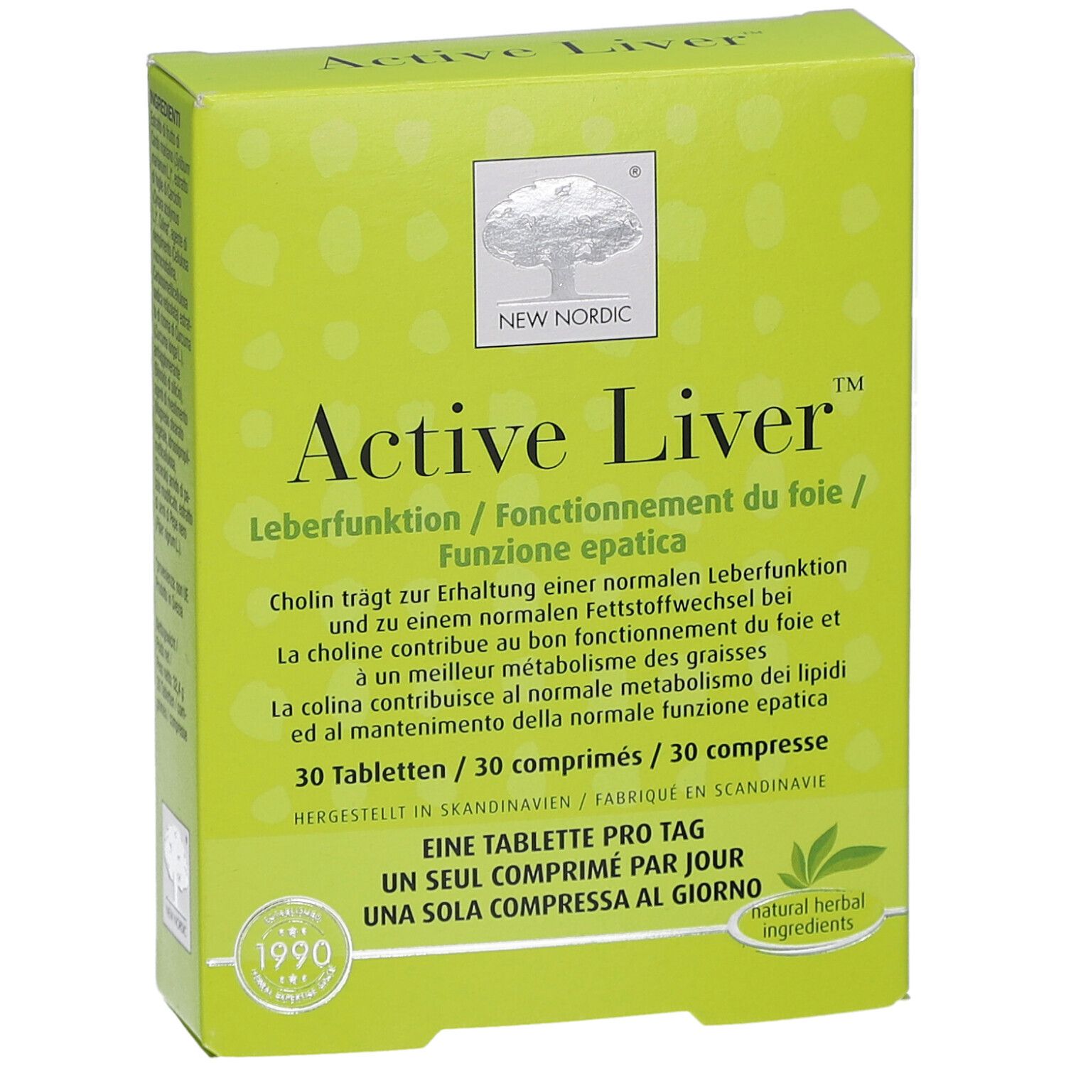Boîte verte "Active Liver". Contient 30 comprimés. Marque : New Nordic. Logo et texte multilingue.