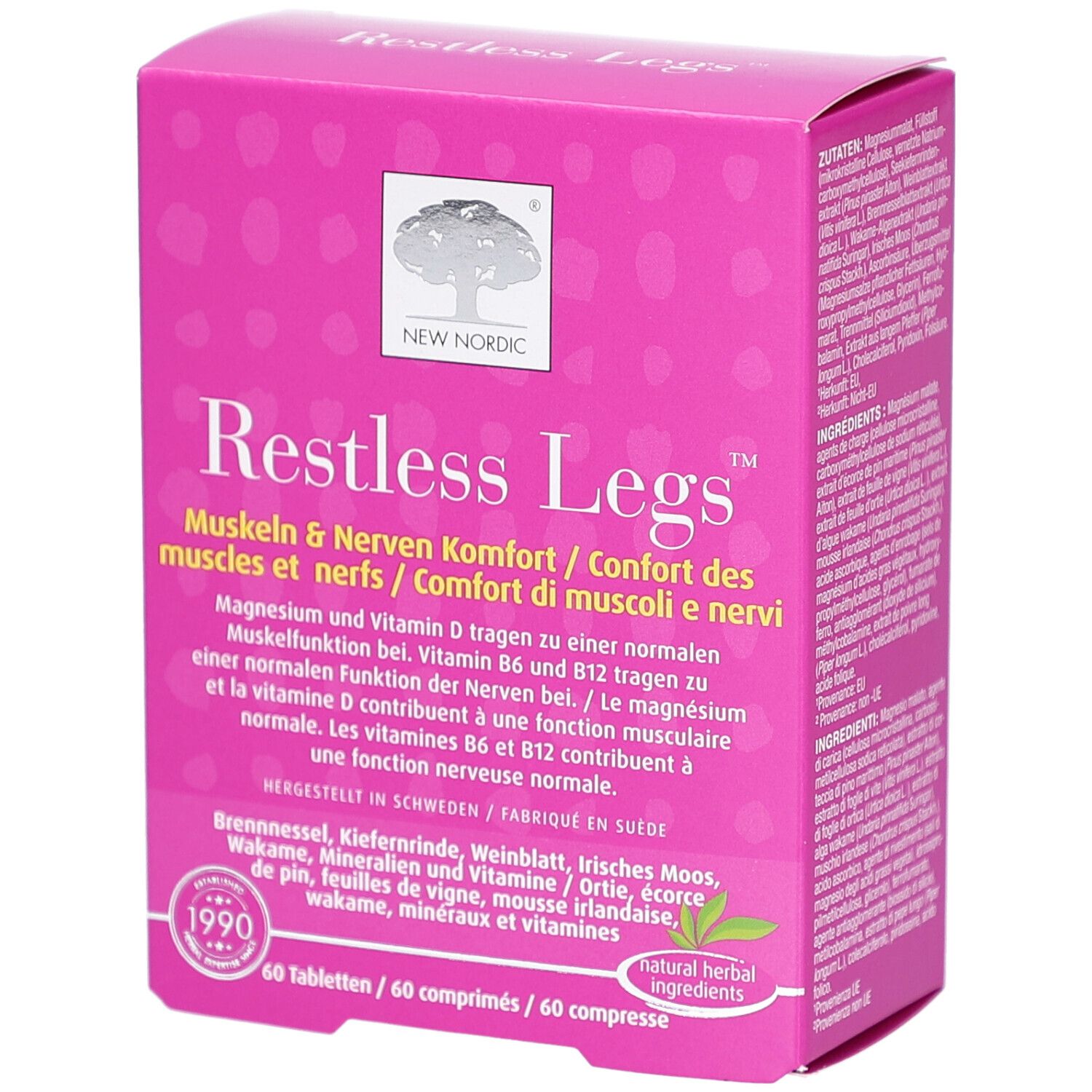 Rosa Schachtel. Aufschrift: Restless Legs. Enthält 60 Tabletten. Marke: New Nordic. Mit Inhaltsangaben und Logo.