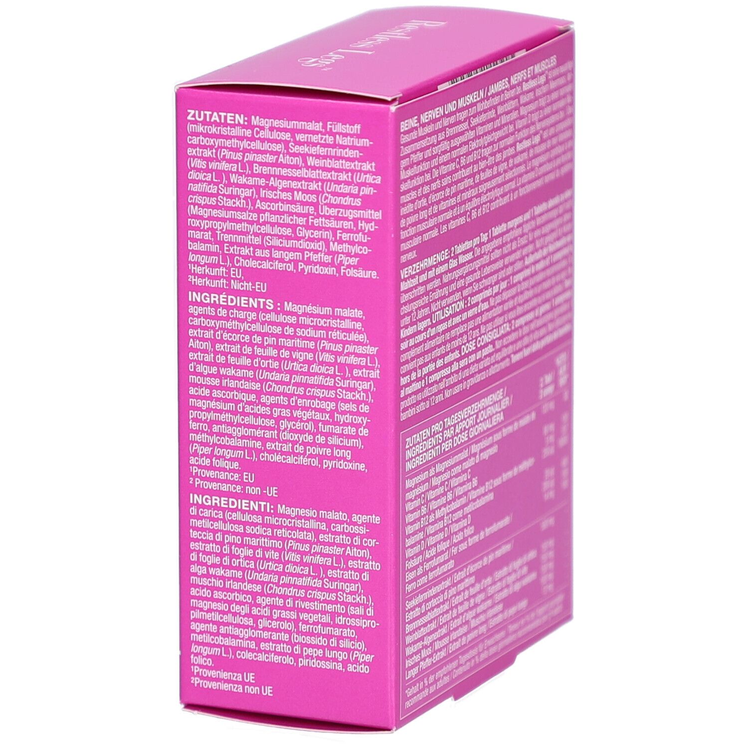 Rosa Schachtel, seitliche Ansicht. Text mit Inhaltsangaben. Marke: New Nordic. Herkunftsangaben.