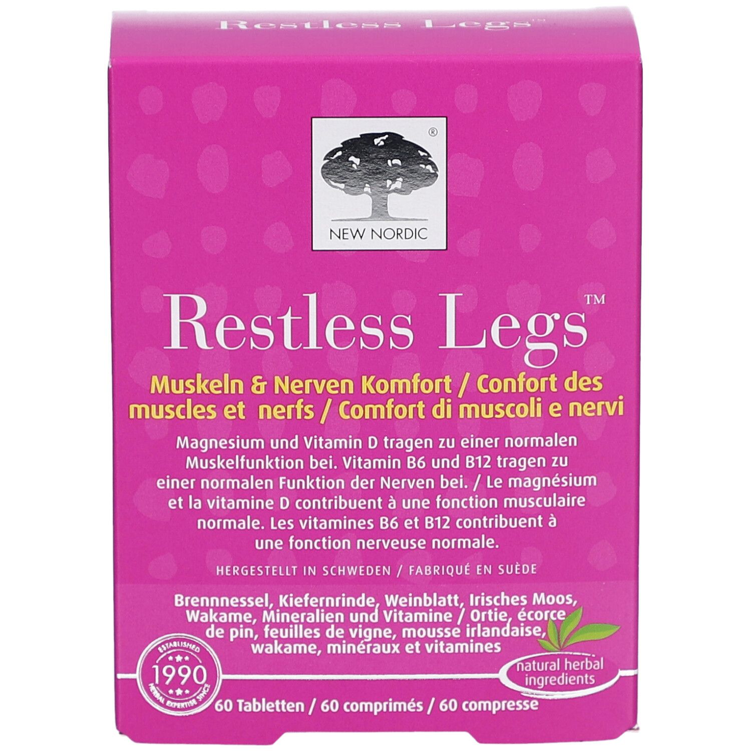 Rosa Schachtel. Aufschrift: Restless Legs. Enthält 60 Tabletten. Marke: New Nordic. Mit Logo.