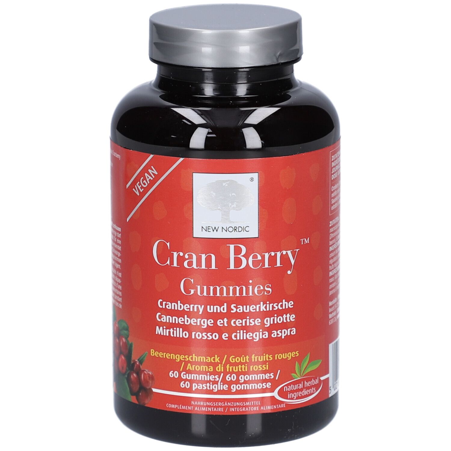Flacon foncé, bouchon argenté. Inscription: NEW NORDIC Cran Berry Gummies. 60 gommes. Vegan. Cranberry et cerise griotte.