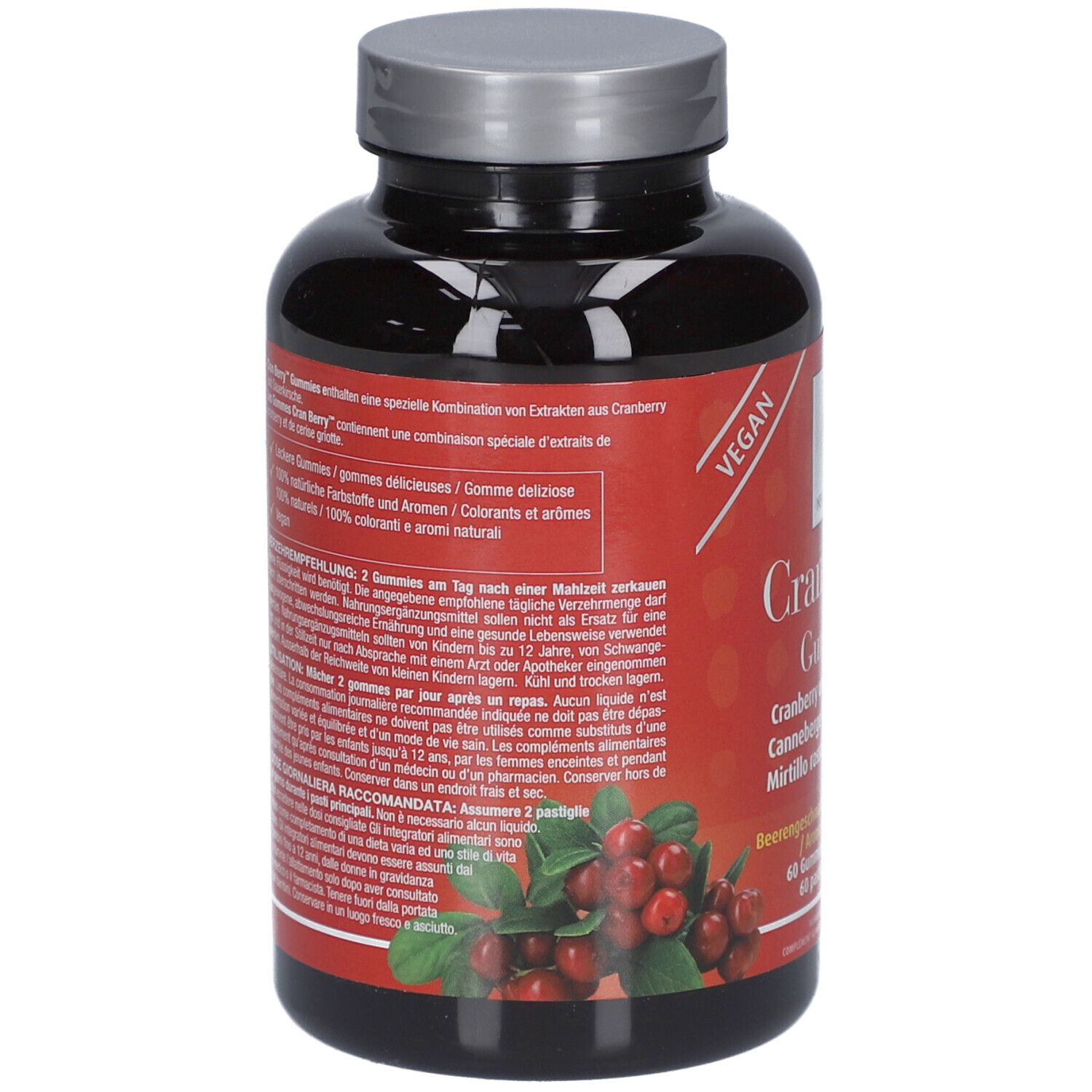 Dos du flacon. Informations textuelles. Logo végan. Illustration de branches de canneberge. Fond noir.