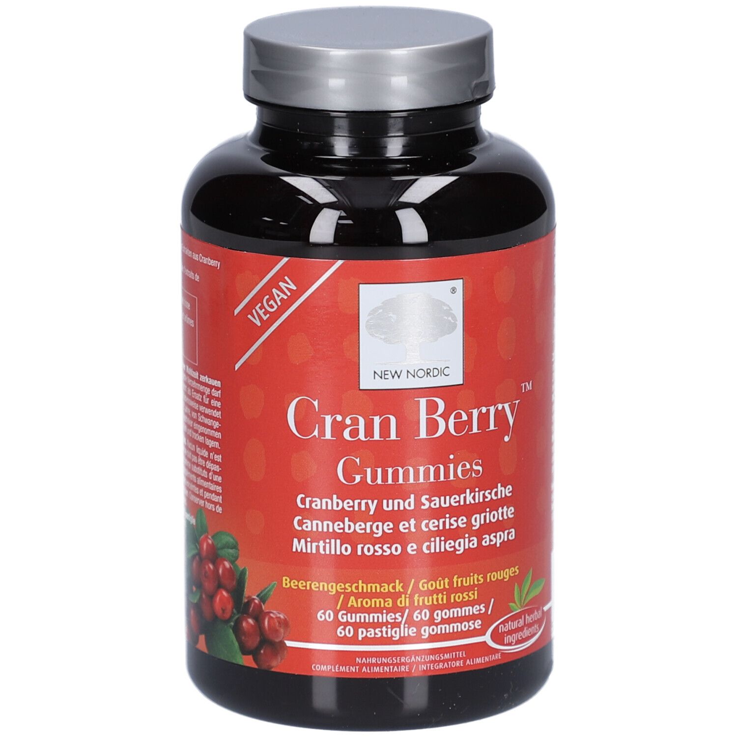 Flacon foncé, bouchon argenté. Inscription: NEW NORDIC Cran Berry Gummies. 60 gommes. Vegan. Cranberry et cerise griotte.