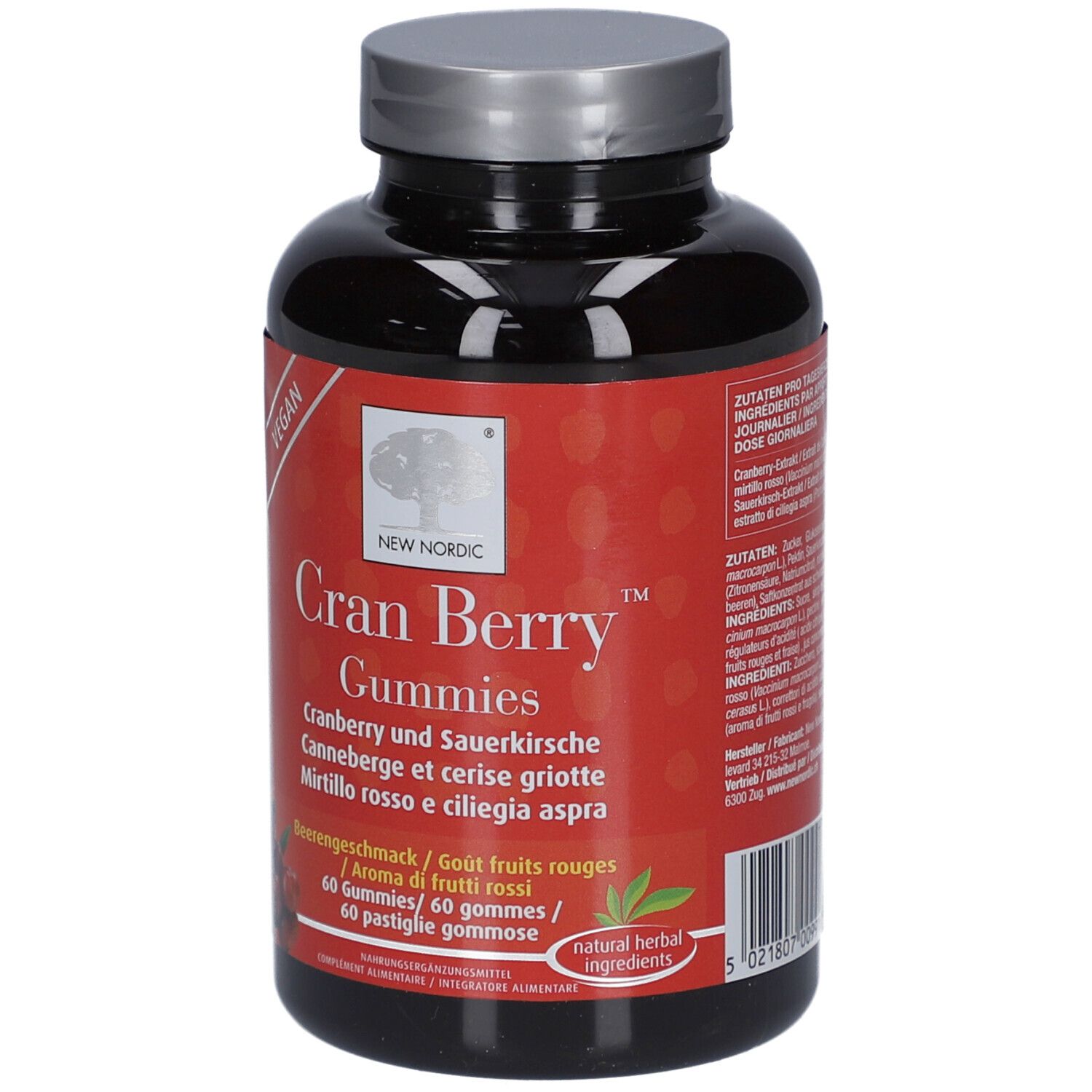 Flacon foncé, bouchon argenté. Inscription: NEW NORDIC Cran Berry Gummies. 60 gommes. Vegan. Cranberry et cerise griotte.