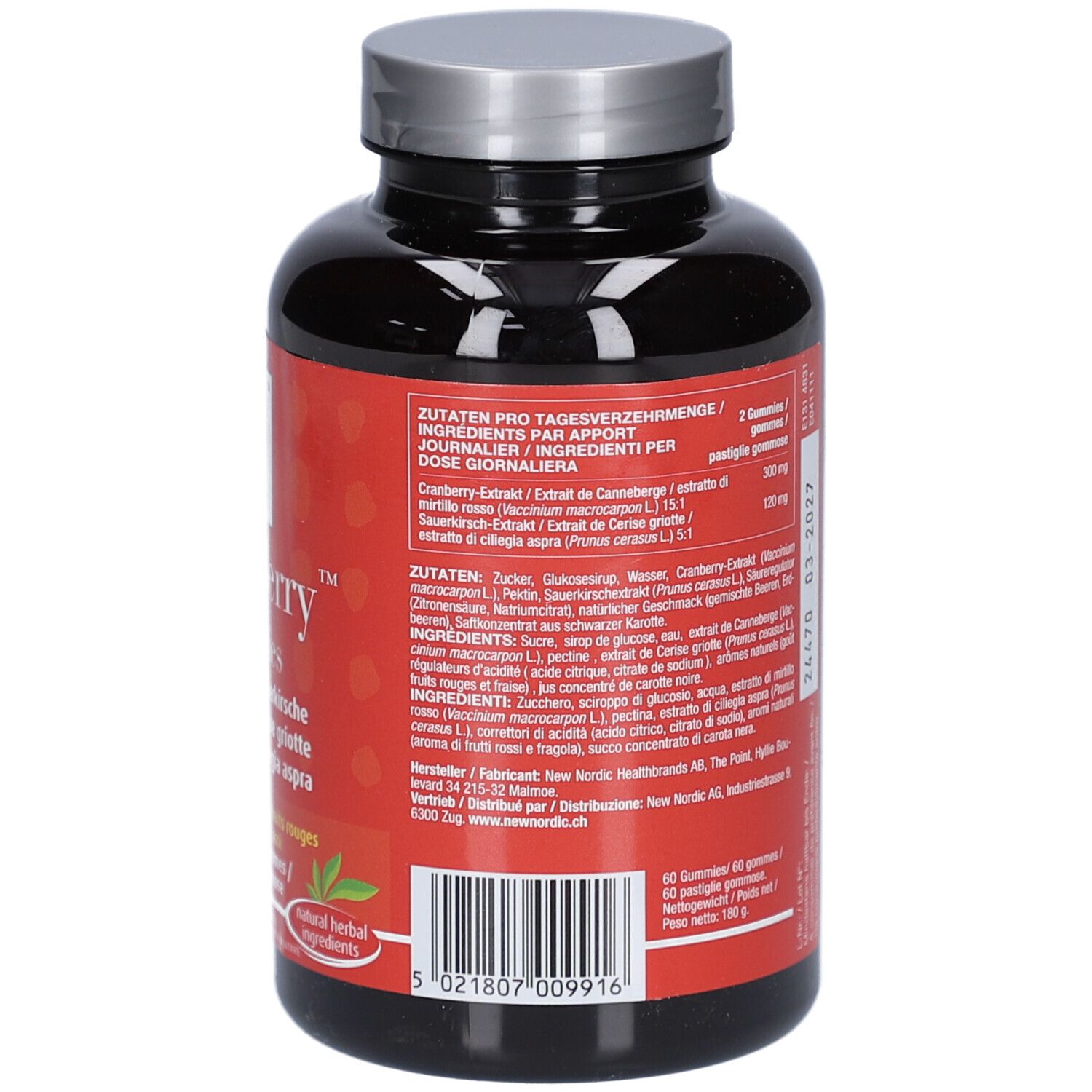 Dos du flacon. Informations textuelles. Logo végan. Liste des ingrédients. Fond noir. Code EAN.