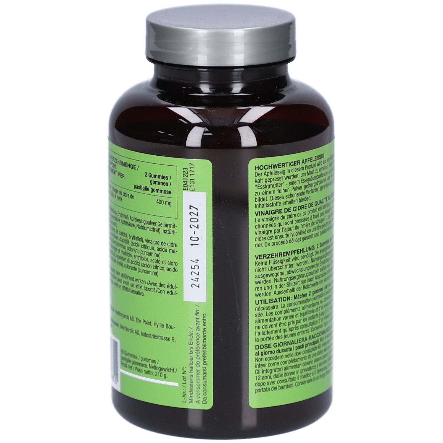 Rückseite der Flasche. Grünes Etikett mit Text. Haltbarkeitsdatum: 10-2027. Text in Deutsch, Französisch und Italienisch.