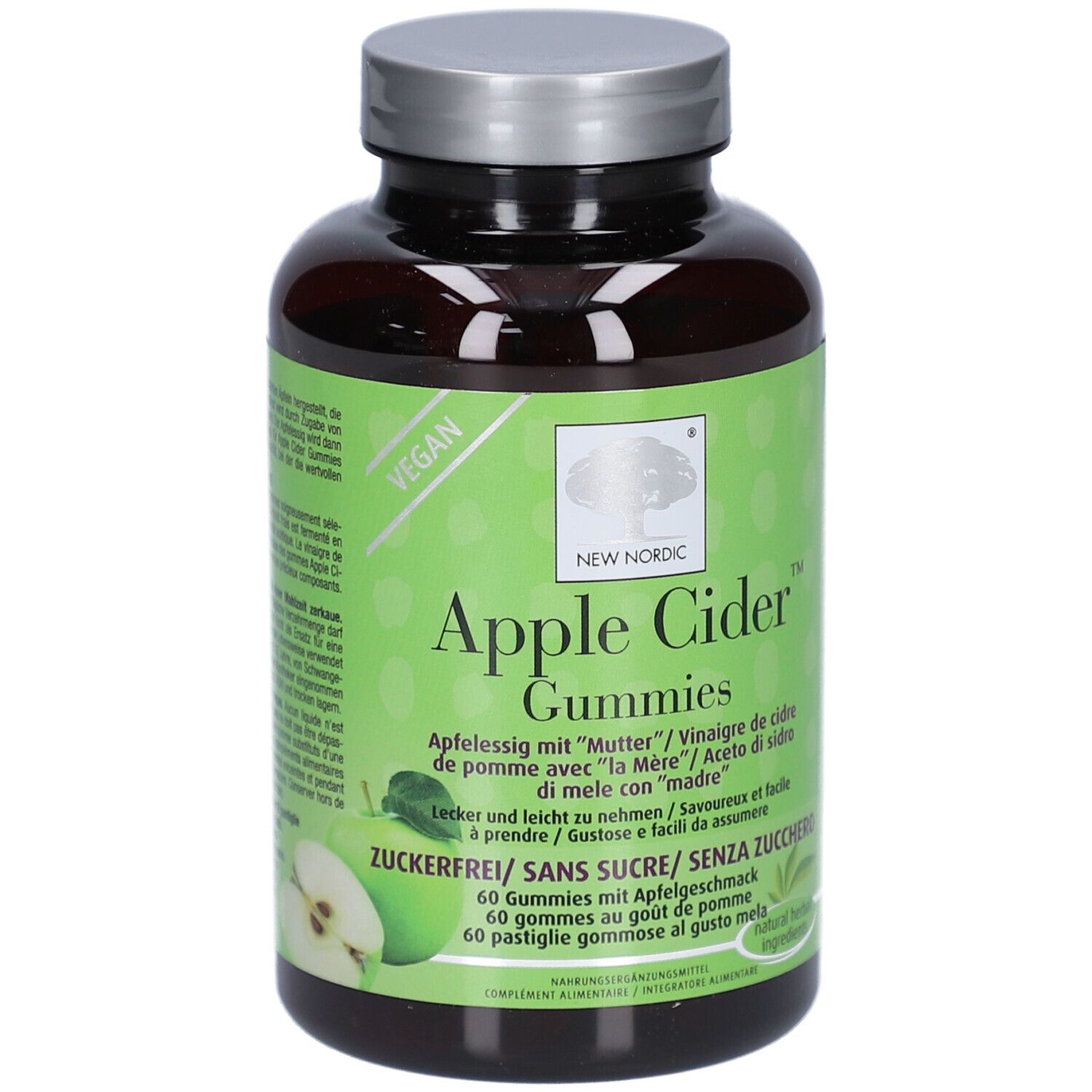 Braune Flasche mit grüner Etikettierung. Aufschrift: Apple Cider Gummies, 60 Stück. Vegan-Siegel. Apfel-Illustration.