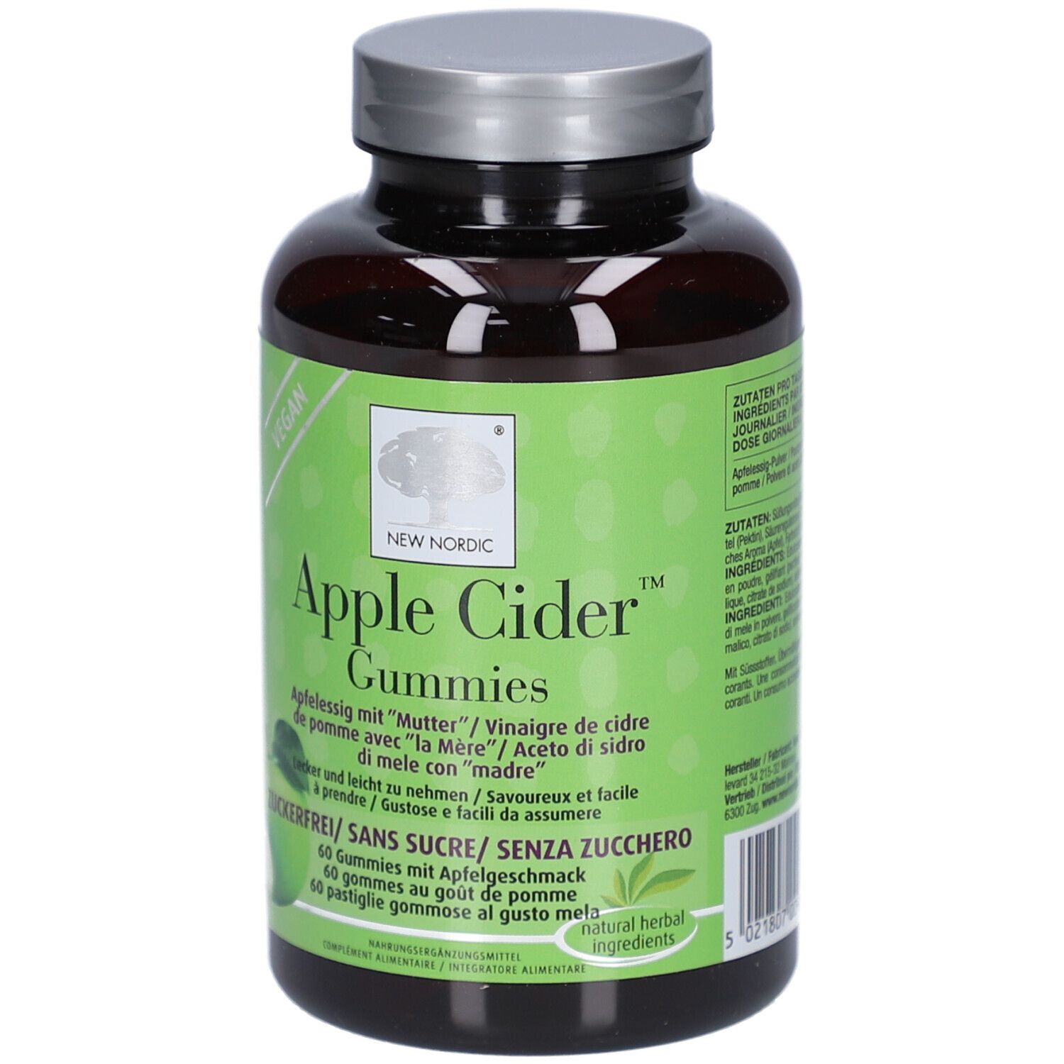 Braune Flasche mit grüner Etikettierung. Aufschrift: Apple Cider Gummies, 60 Stück. Vegan-Siegel. Apfel-Illustration.