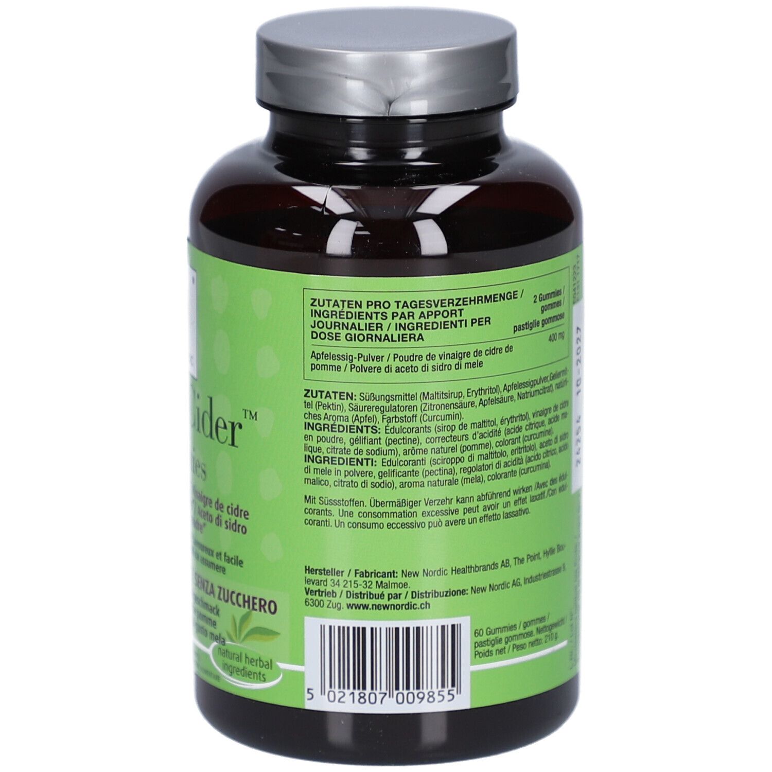 Rückseite der Flasche. Grünes Etikett mit Text. Zutatenliste. Text in Deutsch, Französisch und Italienisch. Vegan-Siegel.