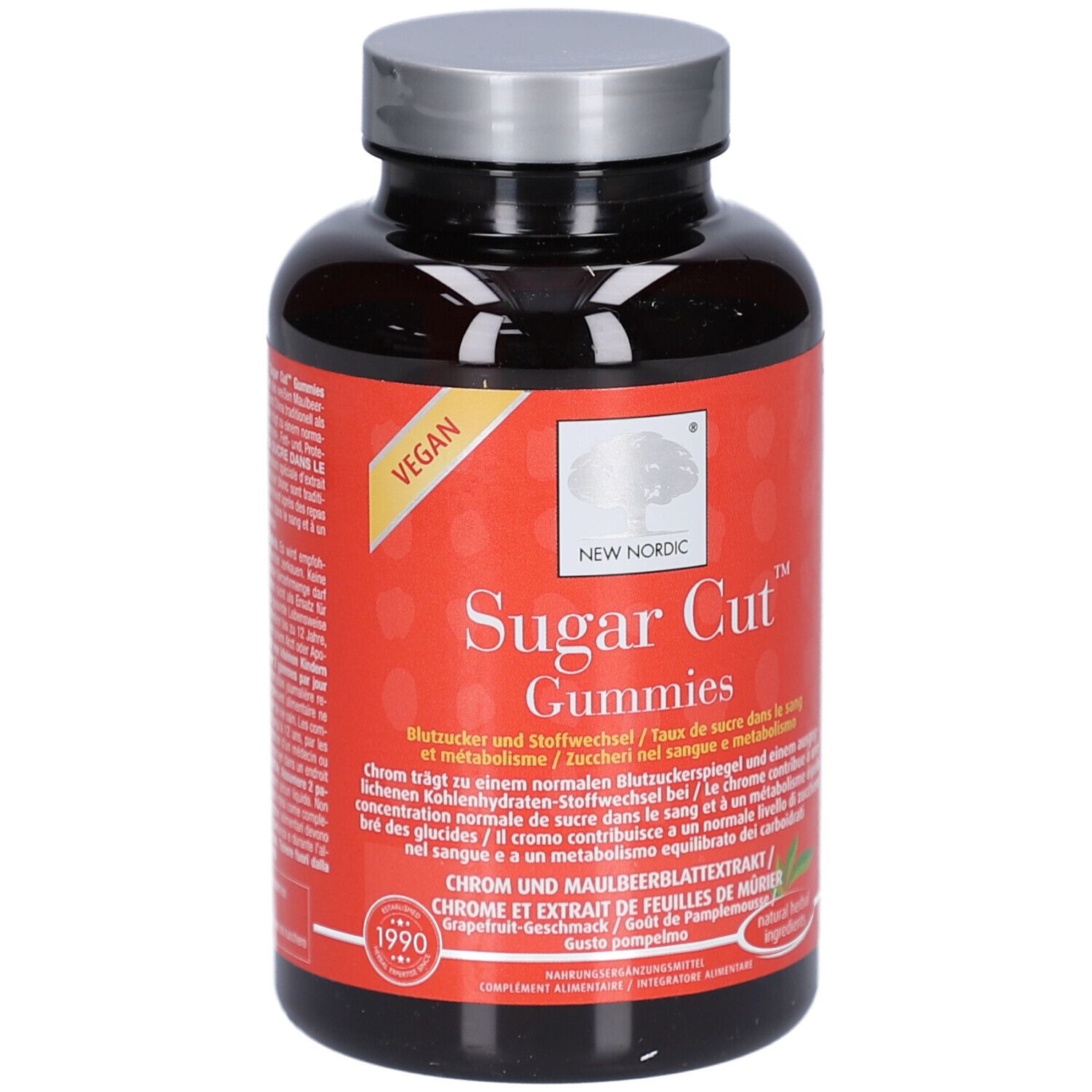 Braune Flasche mit silbernem Deckel. Rotes Etikett mit weißem Text: Sugar Cut Gummies. Vegan-Siegel.