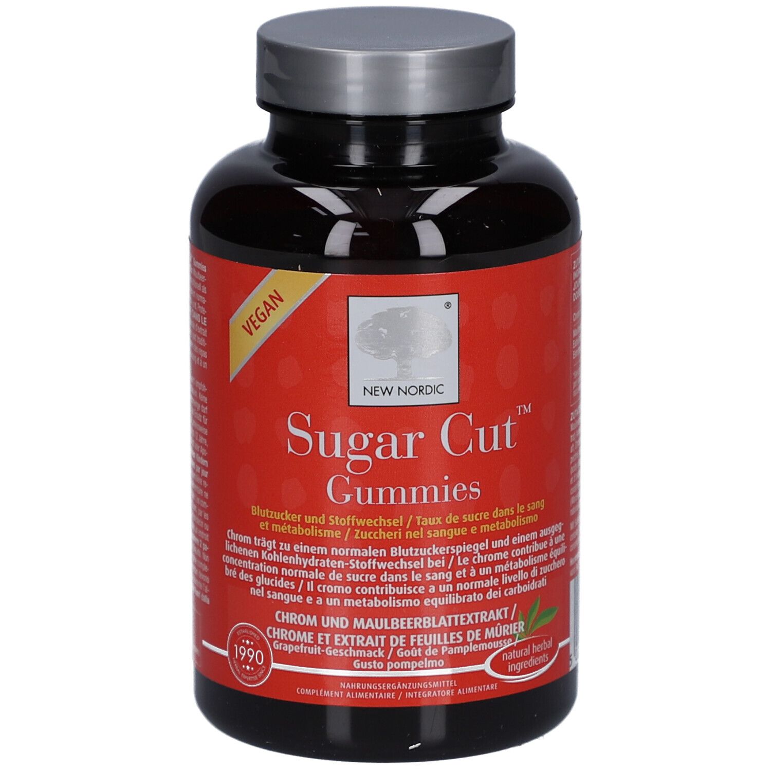 Braune Flasche mit silbernem Deckel. Rotes Etikett mit weißem Text: Sugar Cut Gummies. Vegan-Siegel.