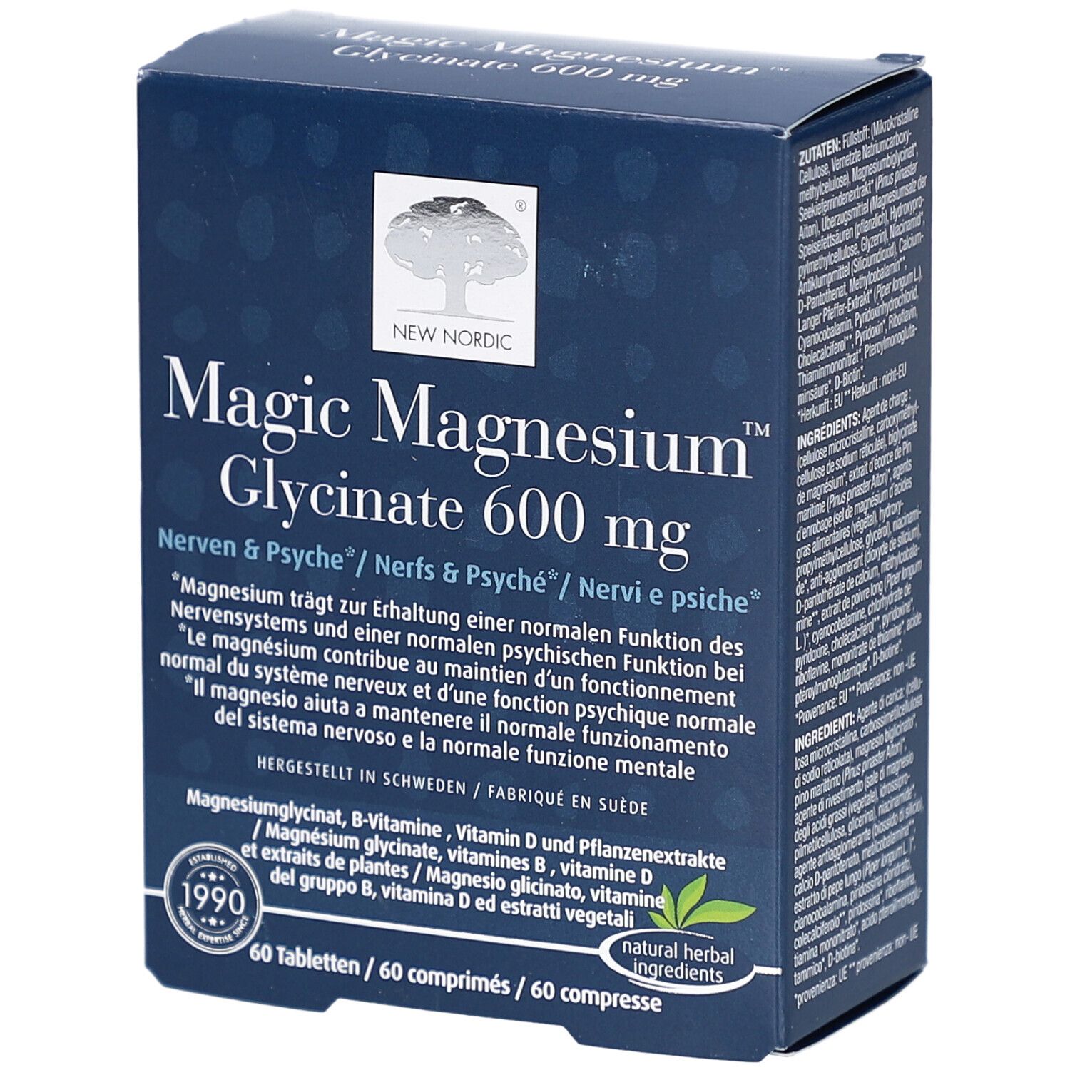 Dunkelblaue Schachtel. Aufschrift: Magic Magnesium Glycinate 600 mg. Enthält 60 Tabletten. Marke: New Nordic. Mit Inhaltsangaben und Zertifizierungen.