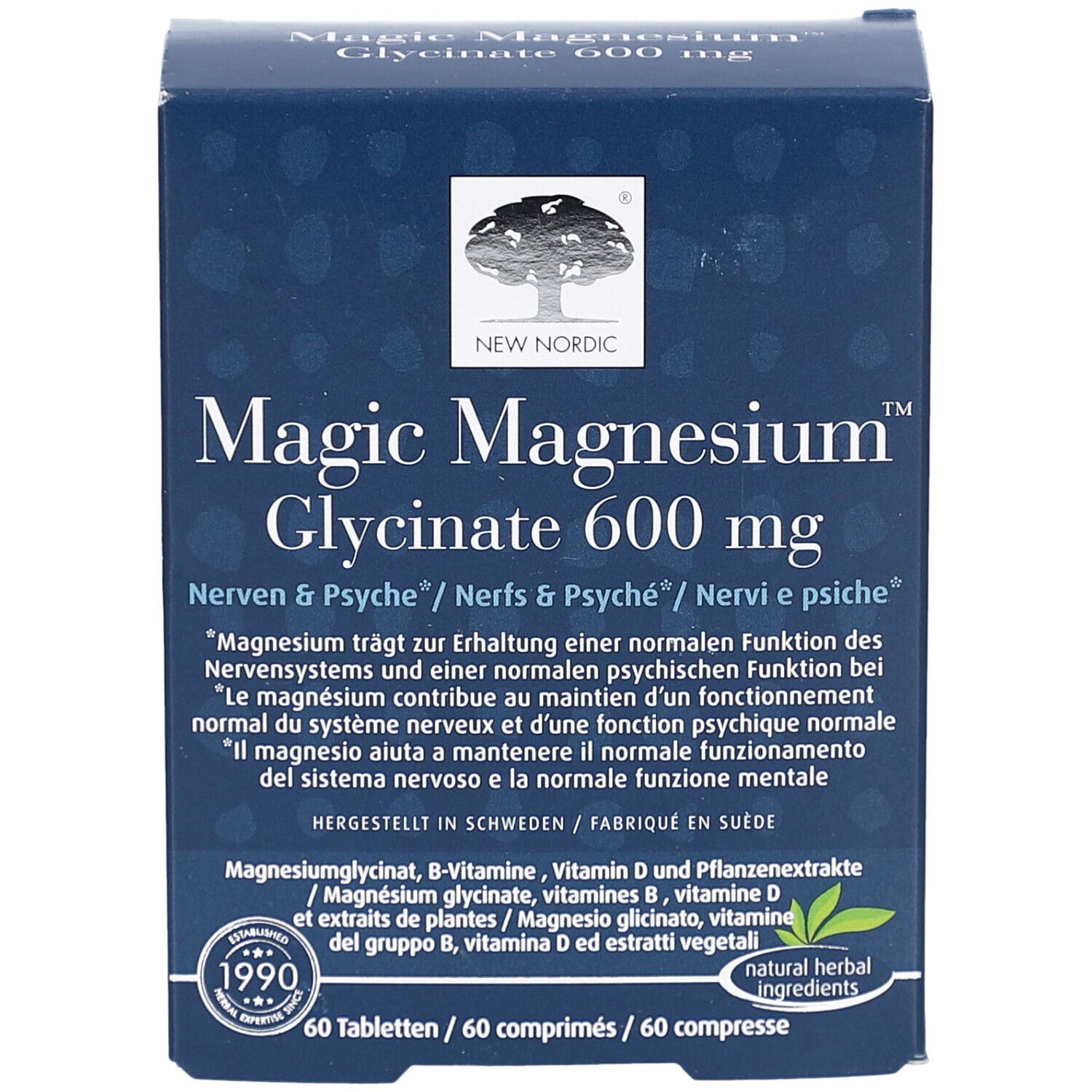 Dunkelblaue Schachtel. Aufschrift: Magic Magnesium Glycinate 600 mg. Enthält 60 Tabletten. Marke: New Nordic. Mit Inhaltsangaben.