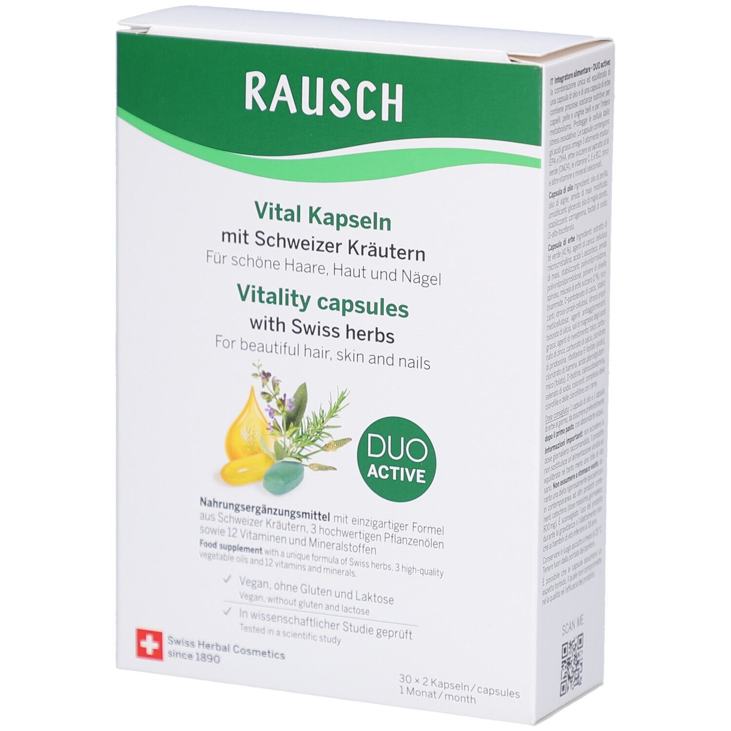 Weißer Karton mit grünen Akzenten. Aufschrift: RAUSCH, Vital Kapseln mit Schweizer Kräutern. Duo Active Logo. Swiss Herbal Cosmetics.