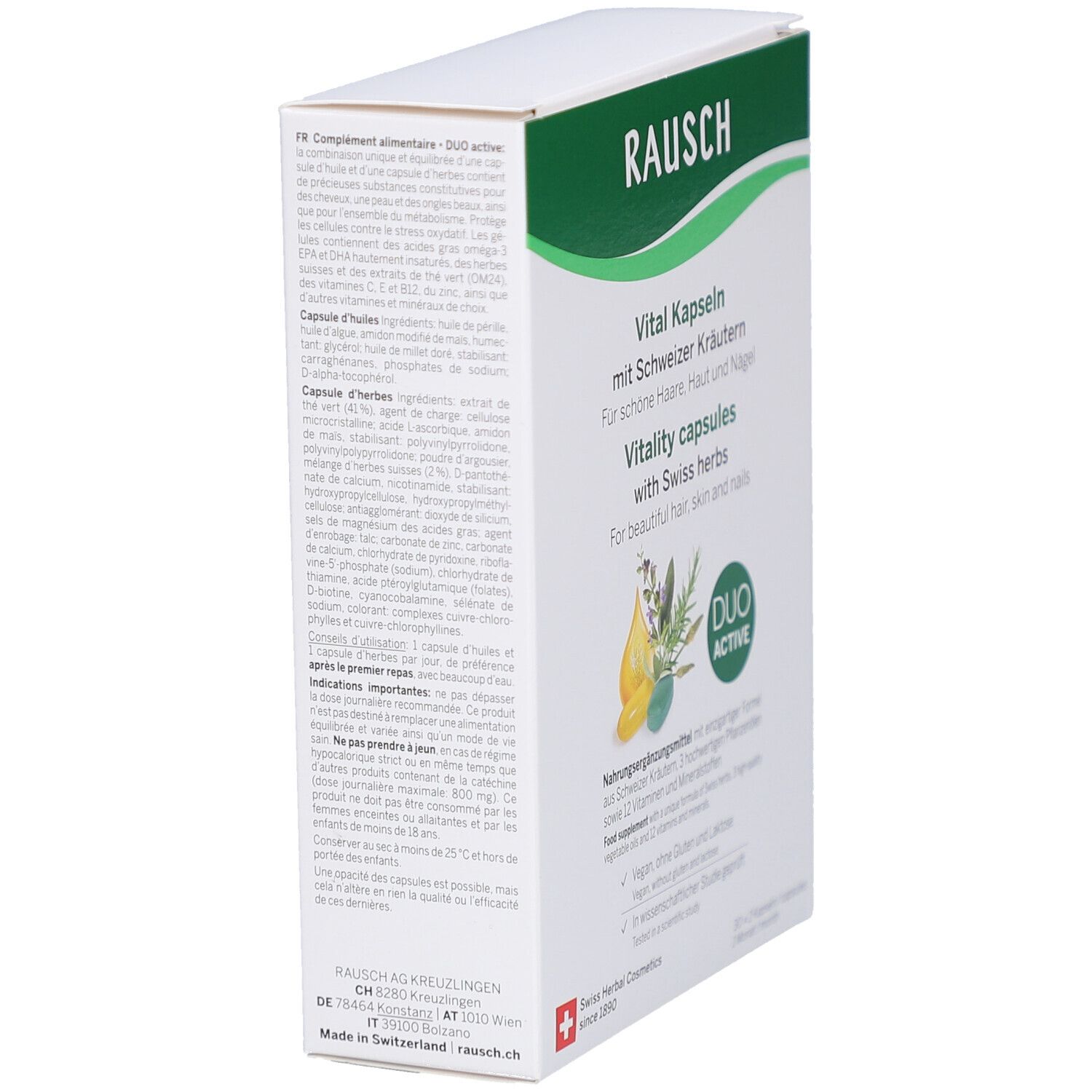 Karton in Schrägansicht. Aufschrift: RAUSCH, Vital Kapseln mit Schweizer Kräutern. Text in Deutsch und Englisch. Duo Active Logo.