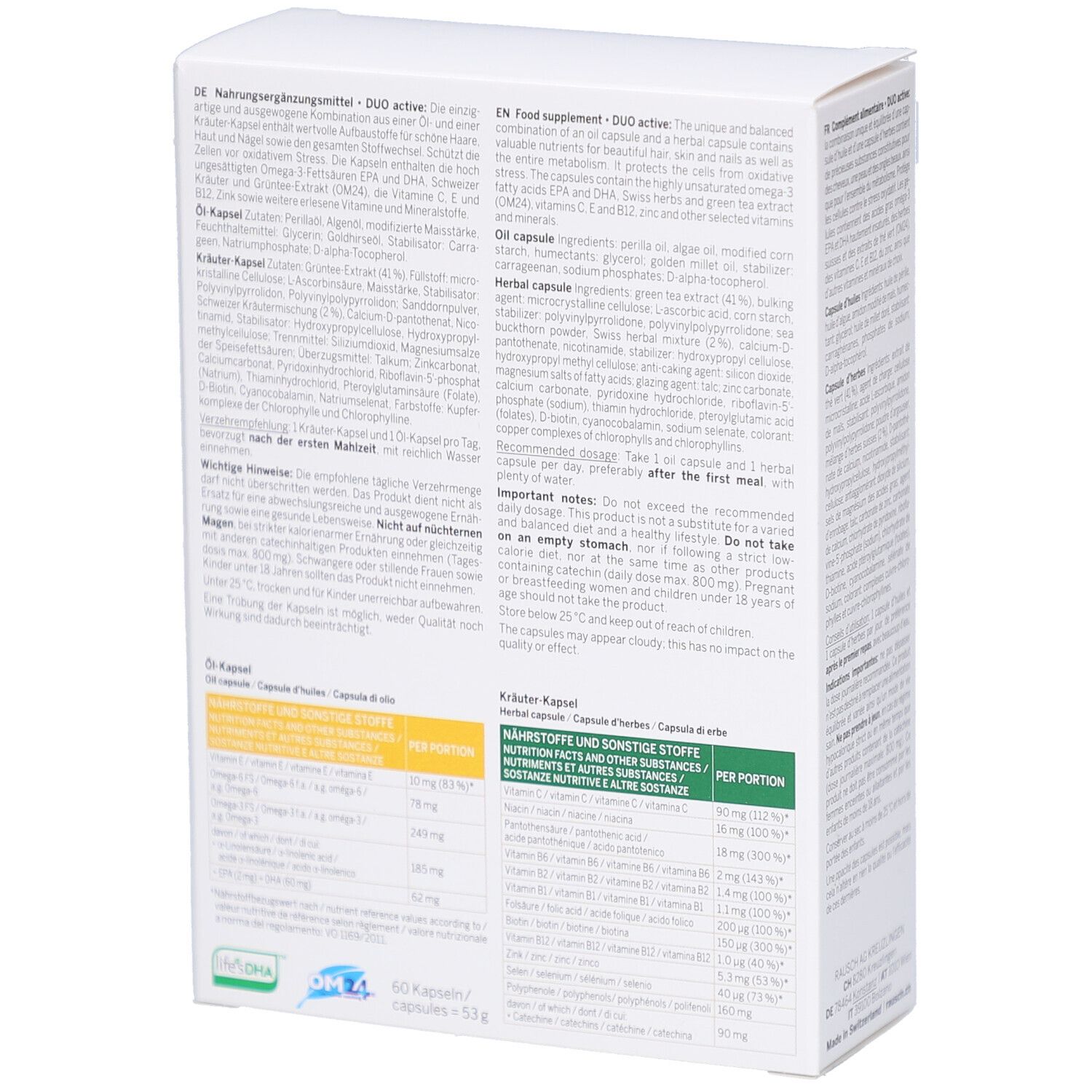 Rückseite des Kartons. Text in Deutsch und Englisch. Nährwertangaben und Inhaltsstoffe. Logo: Swiss Herbal Cosmetics.