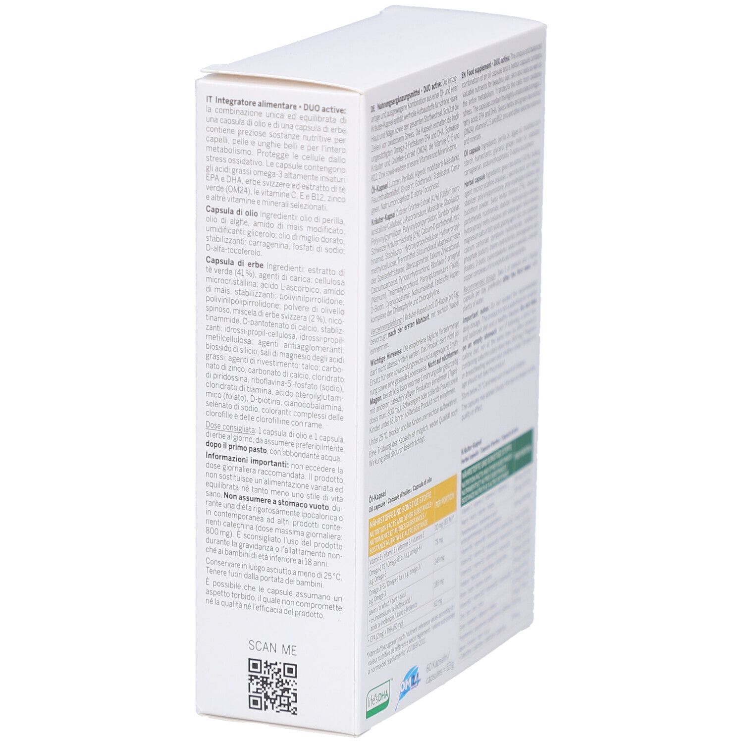 Rückseite des Kartons. Text in Deutsch, Englisch, Französisch und Italienisch. QR-Code. Logo: Swiss Herbal Cosmetics.