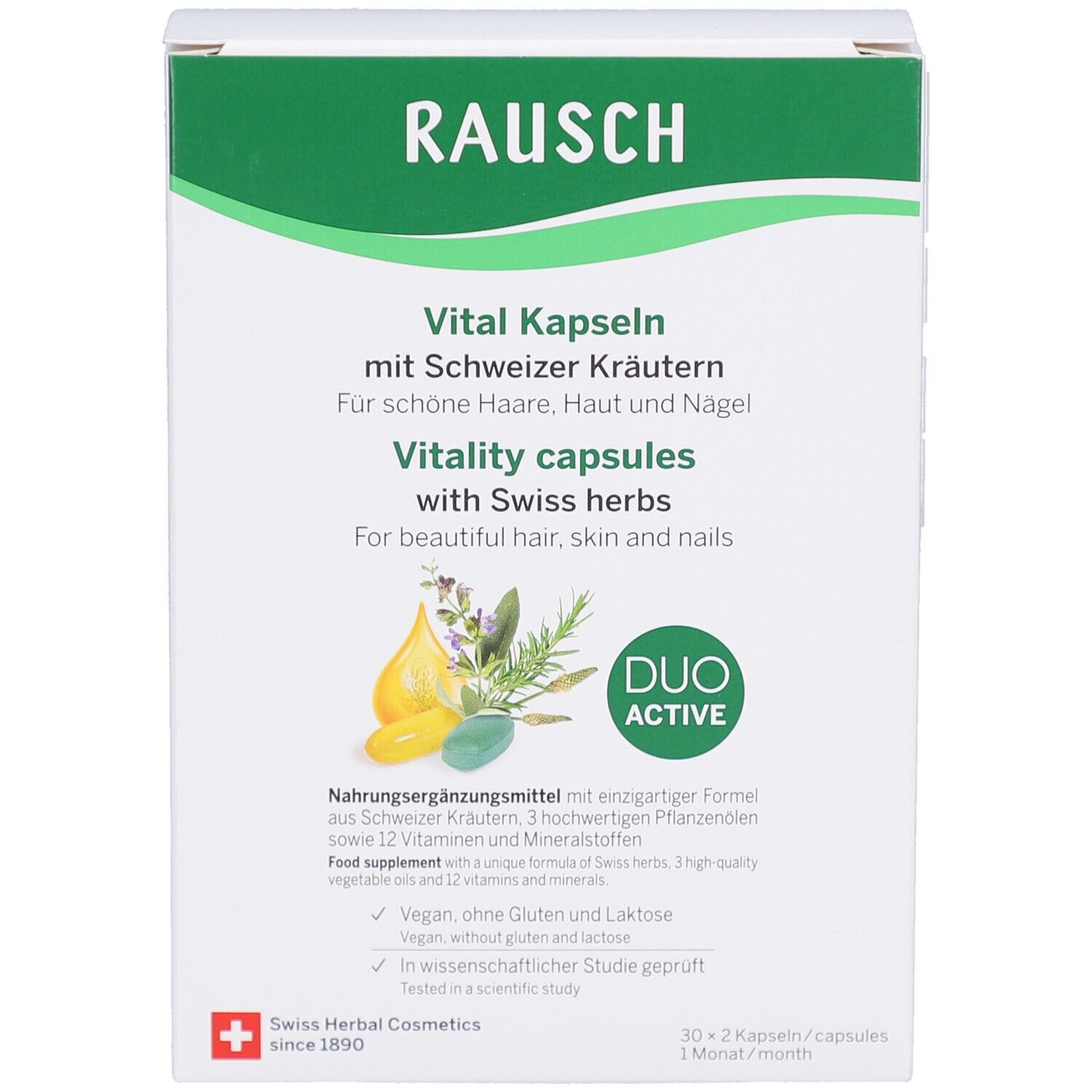 Weißer Karton mit grünen Akzenten. Aufschrift: RAUSCH, Vital Kapseln mit Schweizer Kräutern. Duo Active Logo. Swiss Herbal Cosmetics.