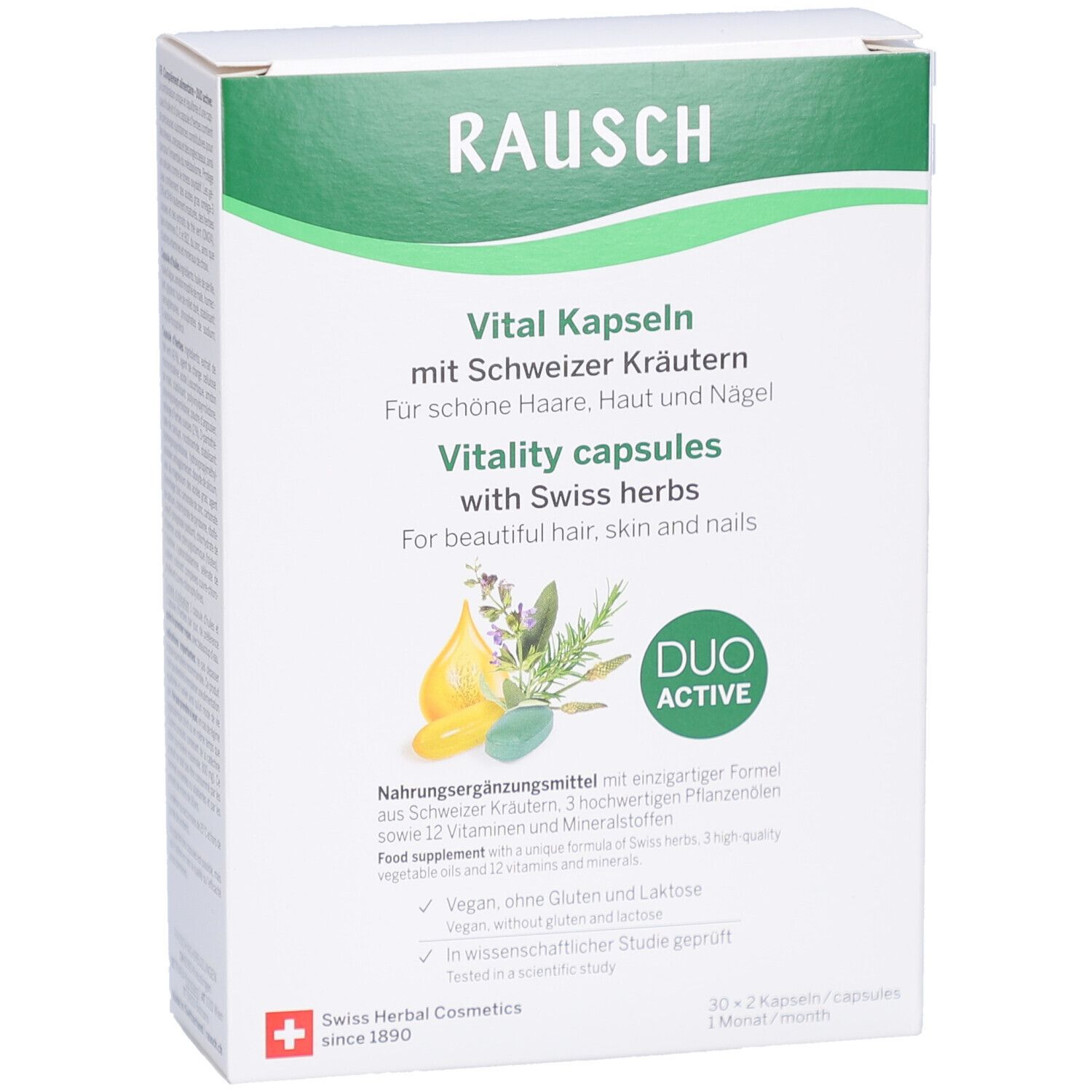 Weißer Karton mit grünen Akzenten. Aufschrift: RAUSCH, Vital Kapseln mit Schweizer Kräutern. Duo Active Logo. Swiss Herbal Cosmetics.