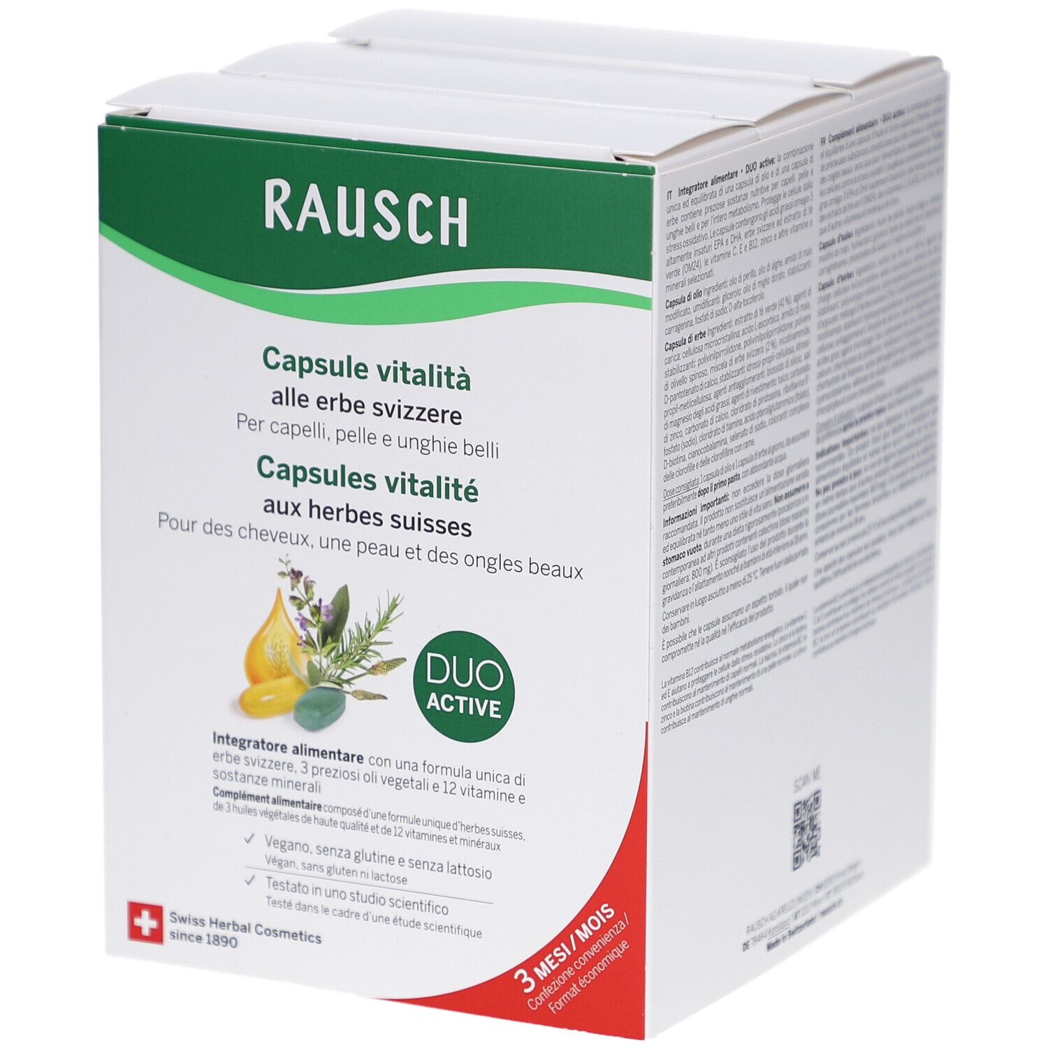 Verpackung von RAUSCH Vital Kapseln. Enthält Kapseln für Haare, Haut und Nägel. Duo Active. Schweizer Kräuter. 3 Monate.