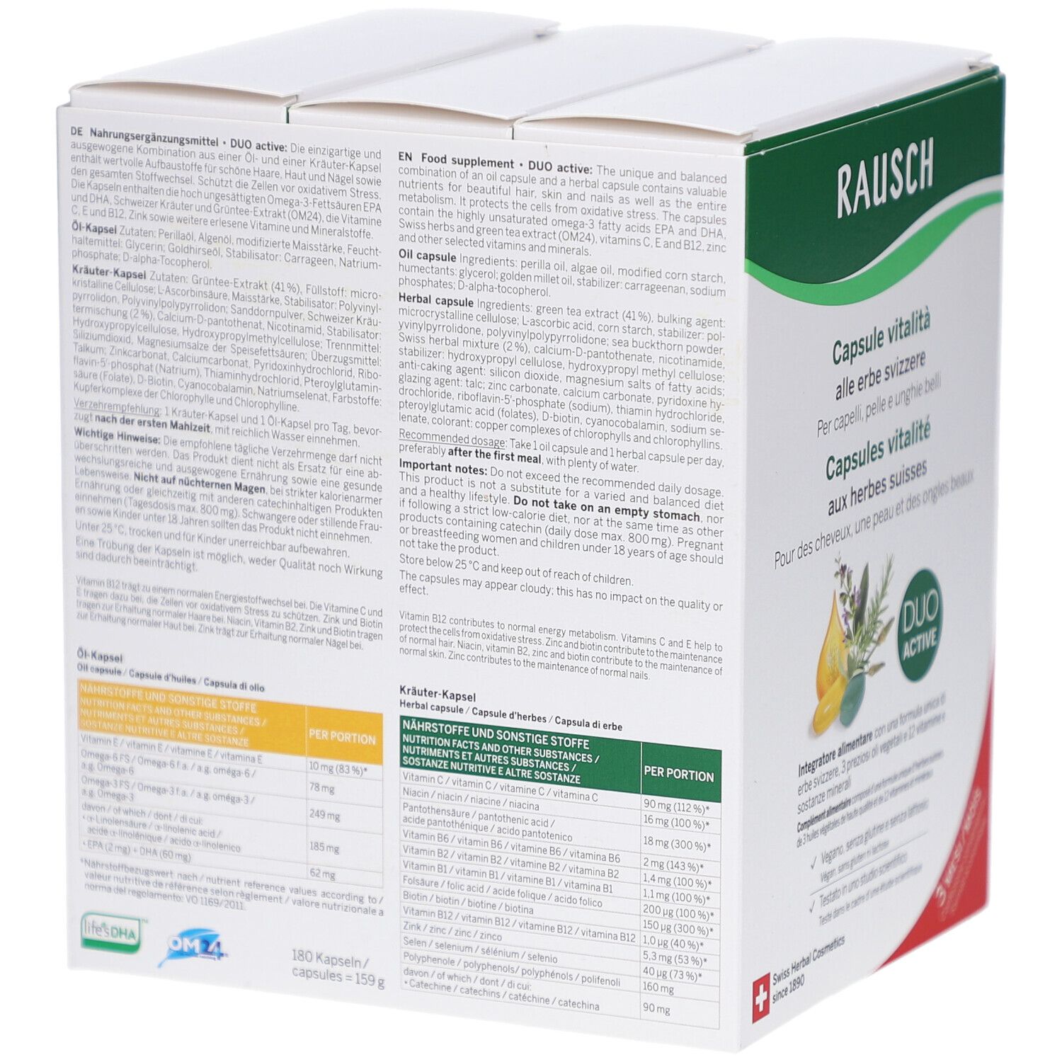 Rückseite der Verpackung von RAUSCH Vital Kapseln. Enthält Informationen zu Inhaltsstoffen und Nährwerten. Duo Active.