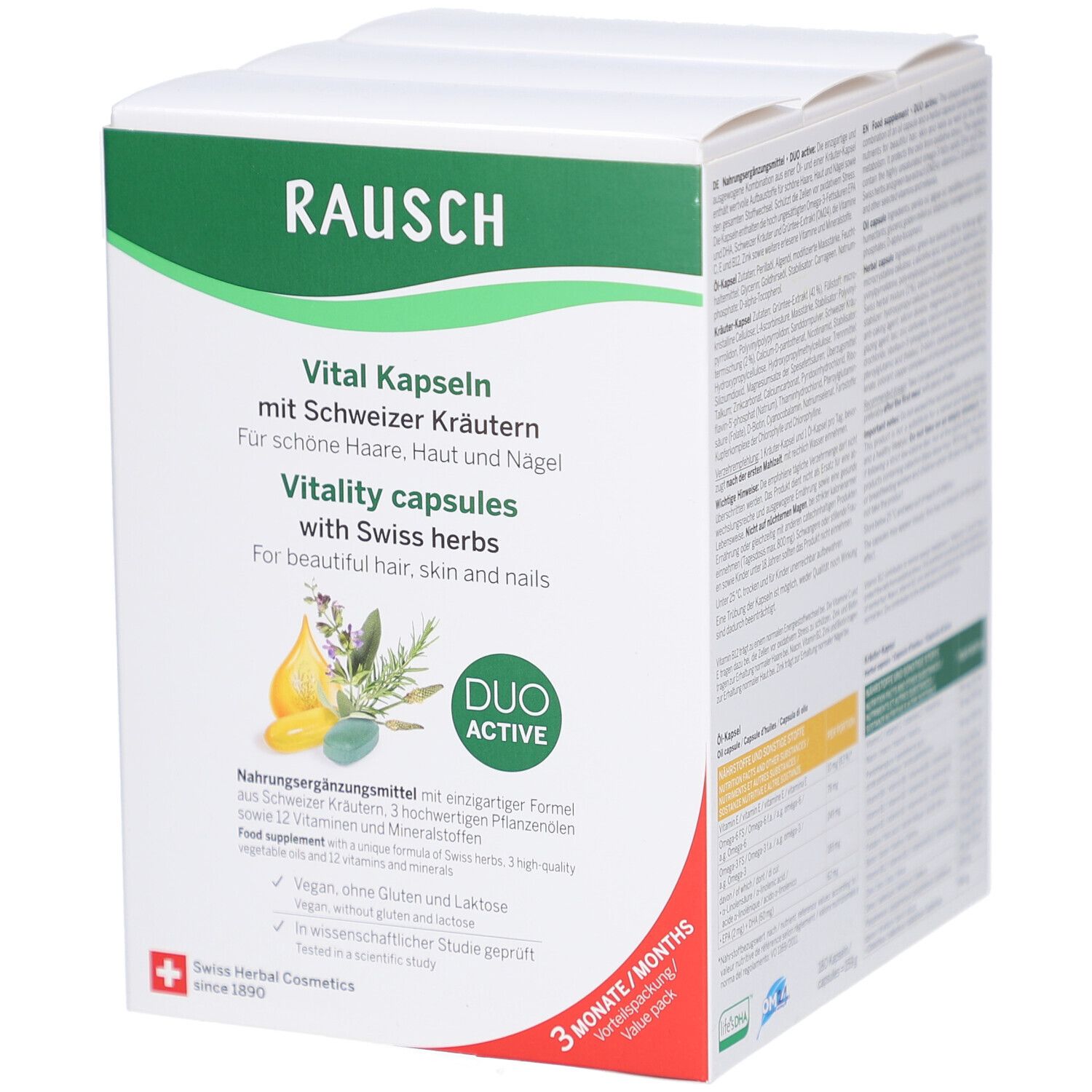 Verpackung von RAUSCH Vital Kapseln. Vital Kapseln mit Schweizer Kräutern. Für Haare, Haut und Nägel. Duo Active. 3 Monate.