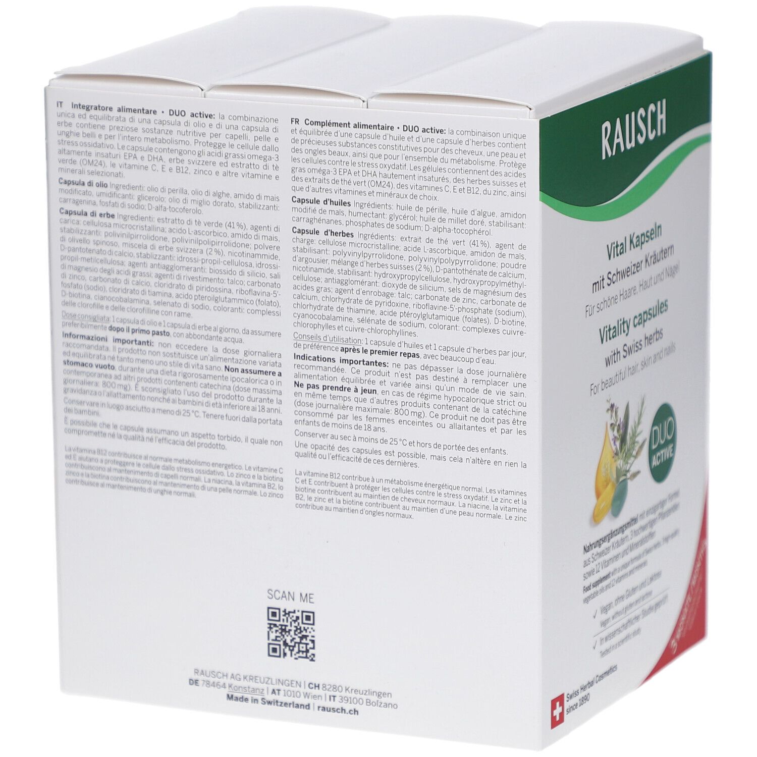 Rückseite der Verpackung von RAUSCH Vital Kapseln. Enthält Informationen zu Inhaltsstoffen und Anwendung. Duo Active.