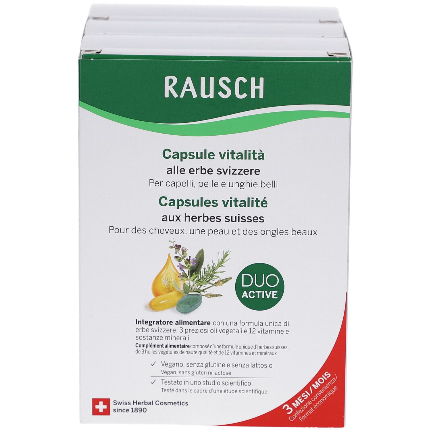 Verpackung von RAUSCH Vital Kapseln. Kapseln für Haare, Haut und Nägel. Duo Active. Schweizer Kräuter. 3 Monate.