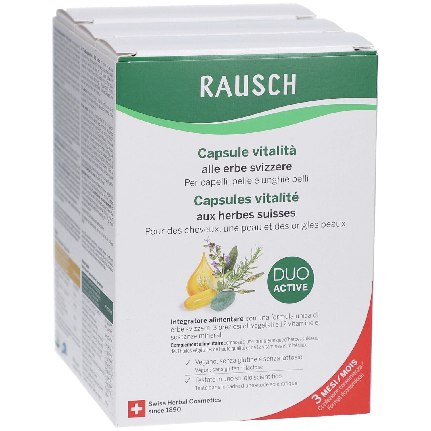 Verpackung von RAUSCH Vital Kapseln. Kapseln für Haare, Haut und Nägel. Duo Active. Schweizer Kräuter. 3 Monate.
