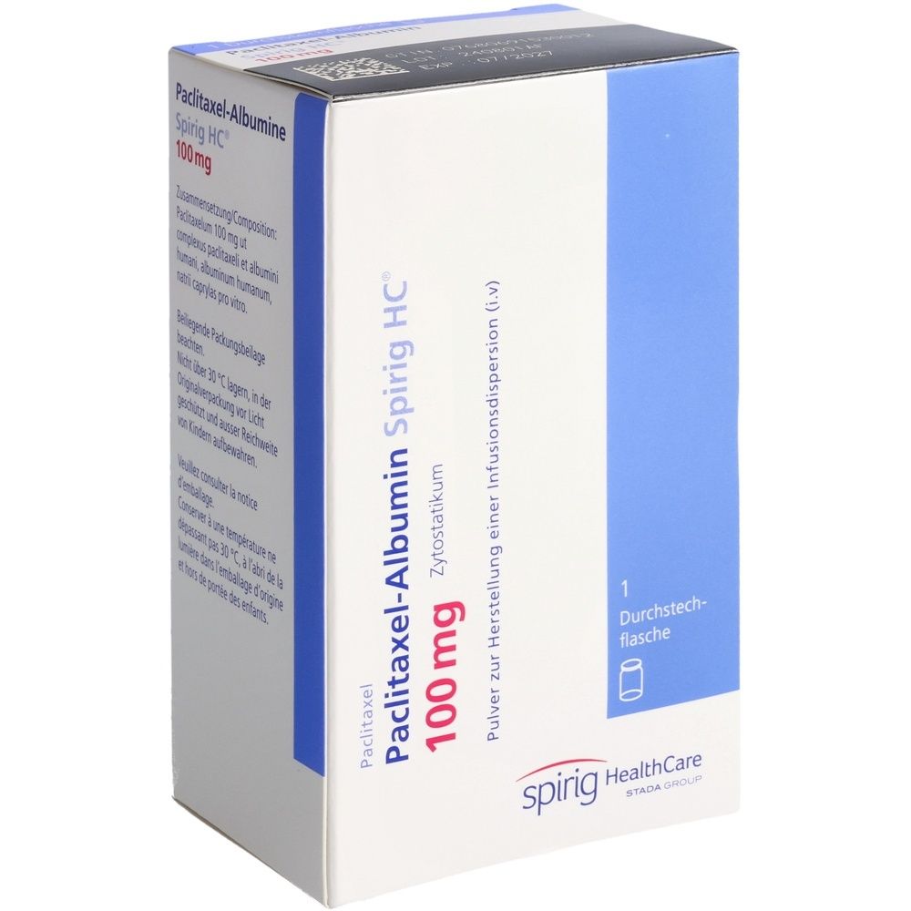 Verpackung von Paclitaxel-Albumin Spirig HC. Aufschrift: 100 mg, Zytostatikum, Pulver zur Herstellung einer Infusionsdispersion. Marke: spirig HealthCare.