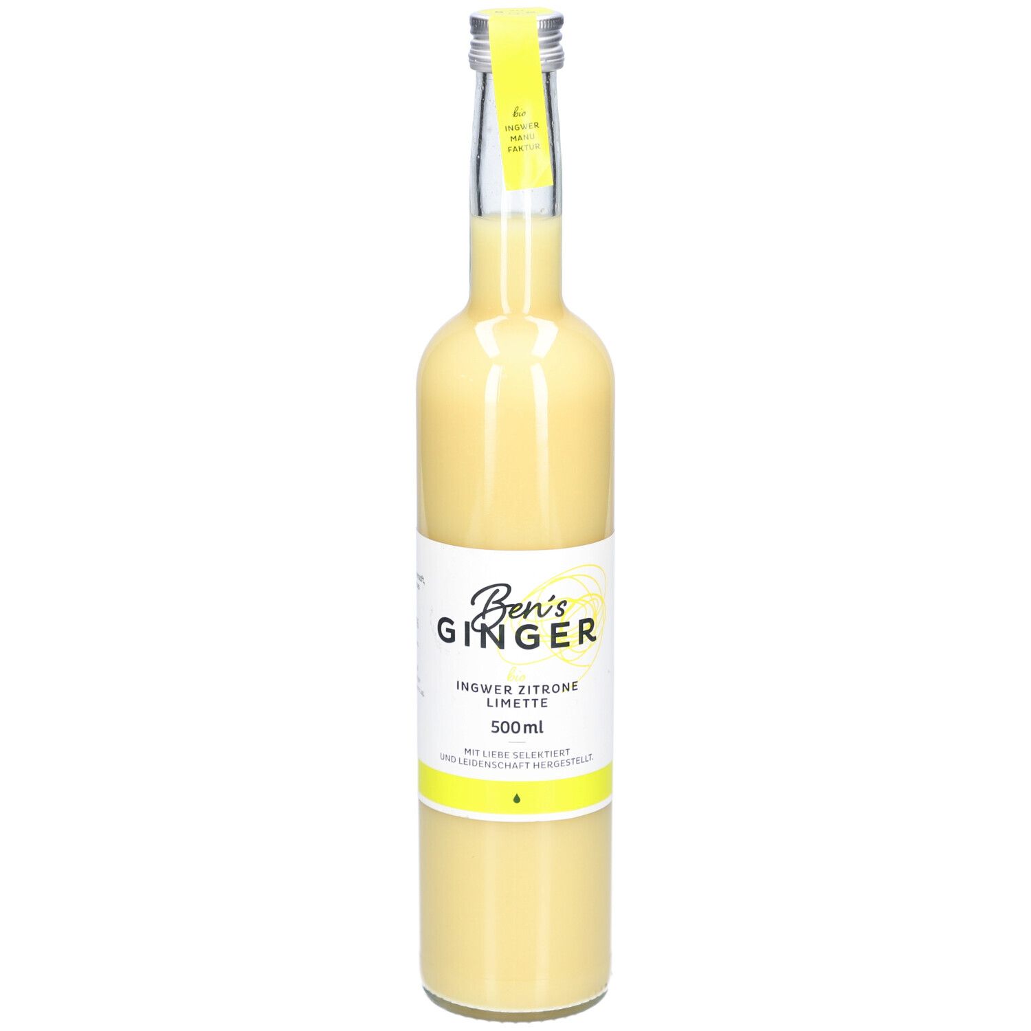 Glasflasche mit gelbem Inhalt. Etikett mit "Ben's Ginger Ingwer Zitrone Limette". 500ml.