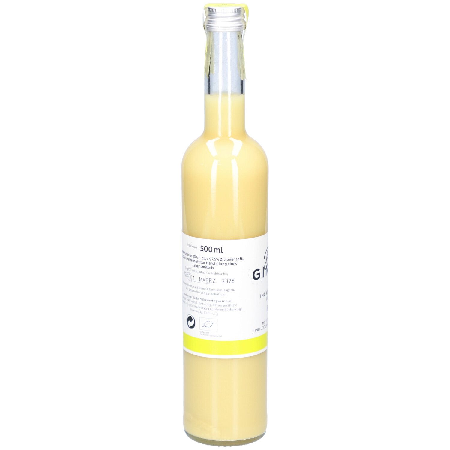 Rückseite der Glasflasche mit gelbem Inhalt. Etikett mit Inhaltsangaben und Barcode. 500ml.