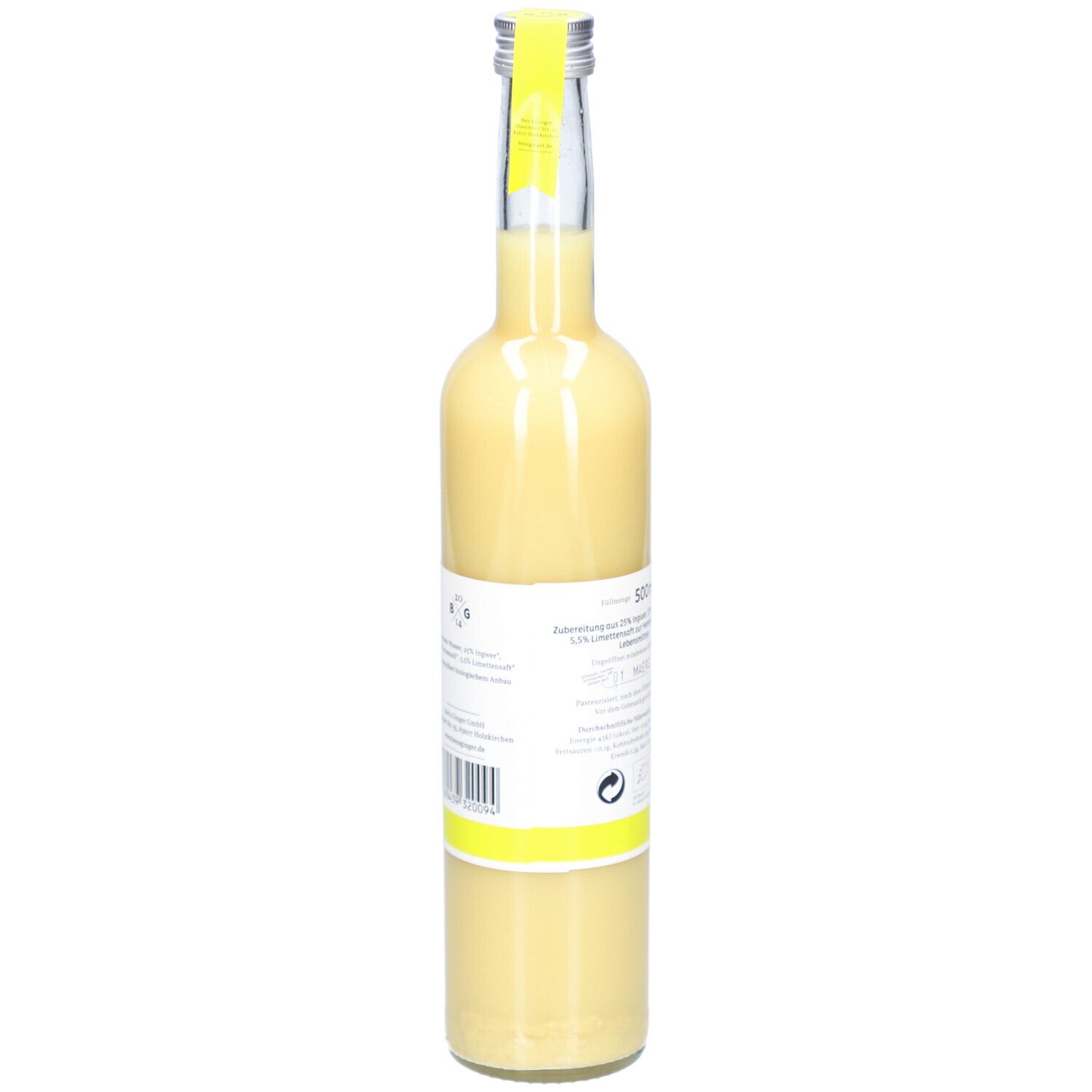 Rückseite der Glasflasche mit gelbem Inhalt. Etikett mit Inhaltsangaben und Barcode. 500ml.