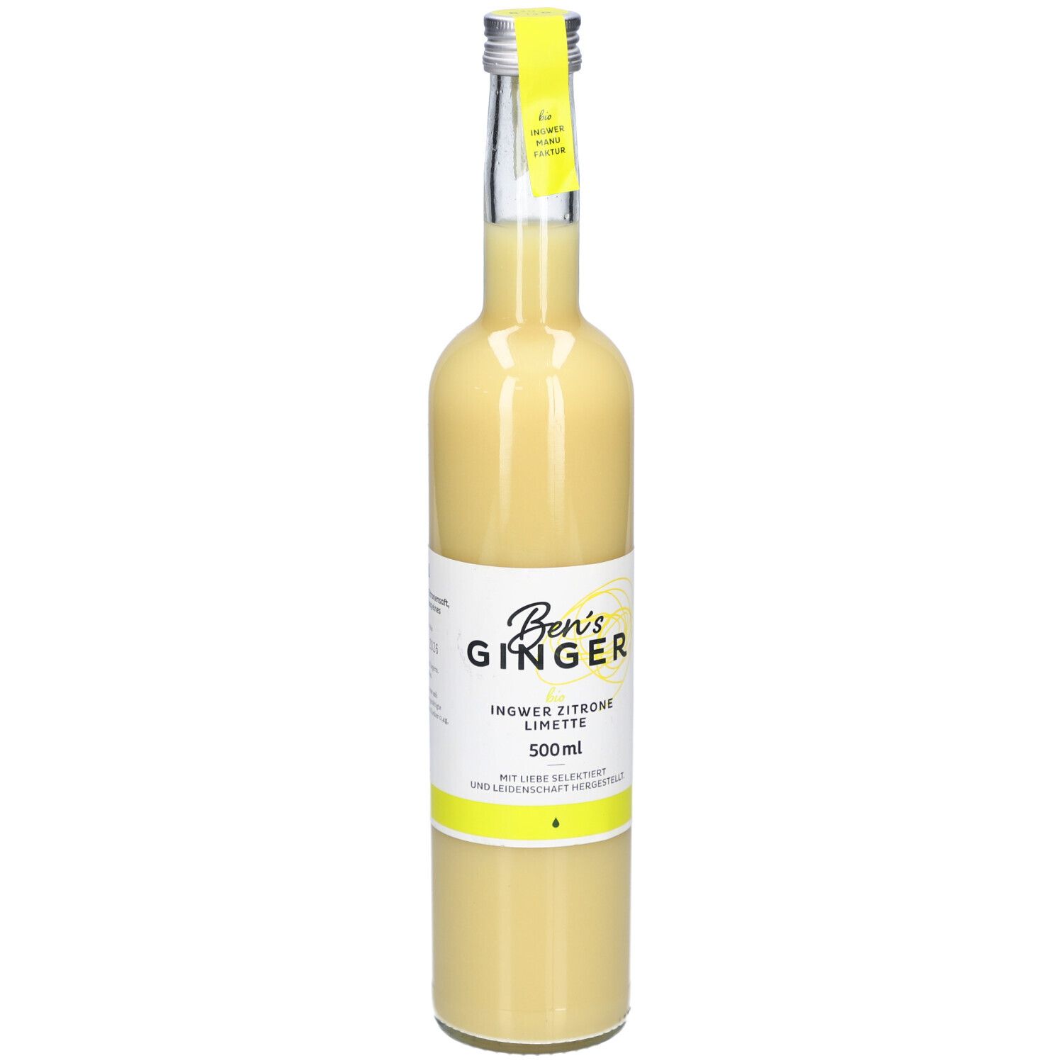 Glasflasche mit gelbem Inhalt. Etikett mit "Ben's Ginger Ingwer Zitrone Limette". 500ml.