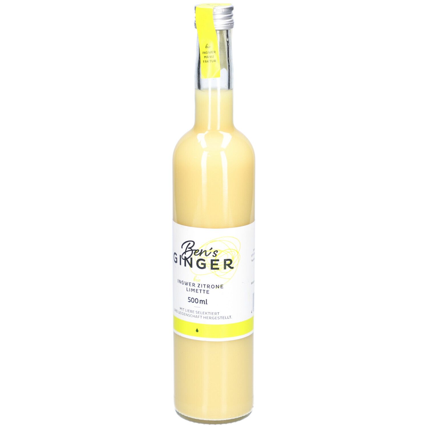 Glasflasche mit gelbem Inhalt. Etikett mit "Ben's Ginger Ingwer Zitrone Limette". 500ml.