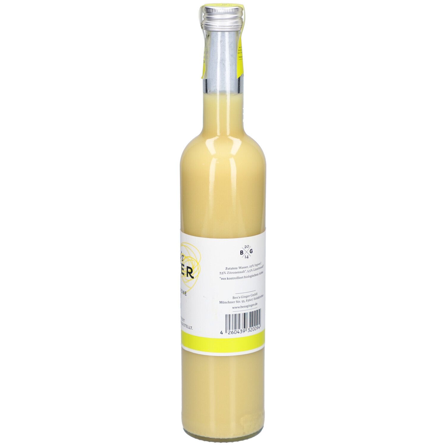 Rückseite der Glasflasche mit gelbem Inhalt. Etikett mit Inhaltsangaben und Barcode. 500ml.