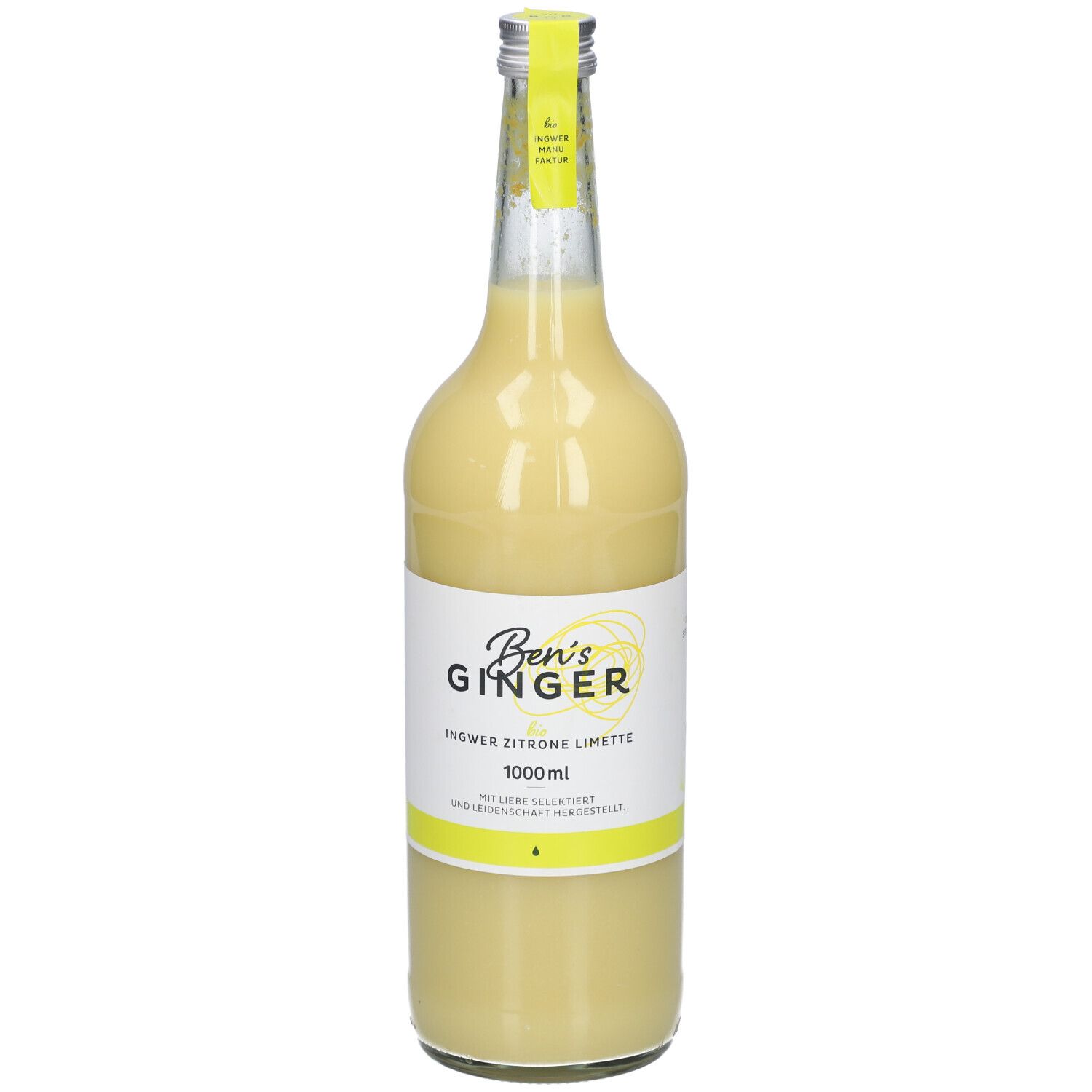 Glasflasche mit gelbem Inhalt. Etikett mit "Ben's Ginger", "Ingwer Zitrone Limette" und 1000ml. Gelber Verschluss.