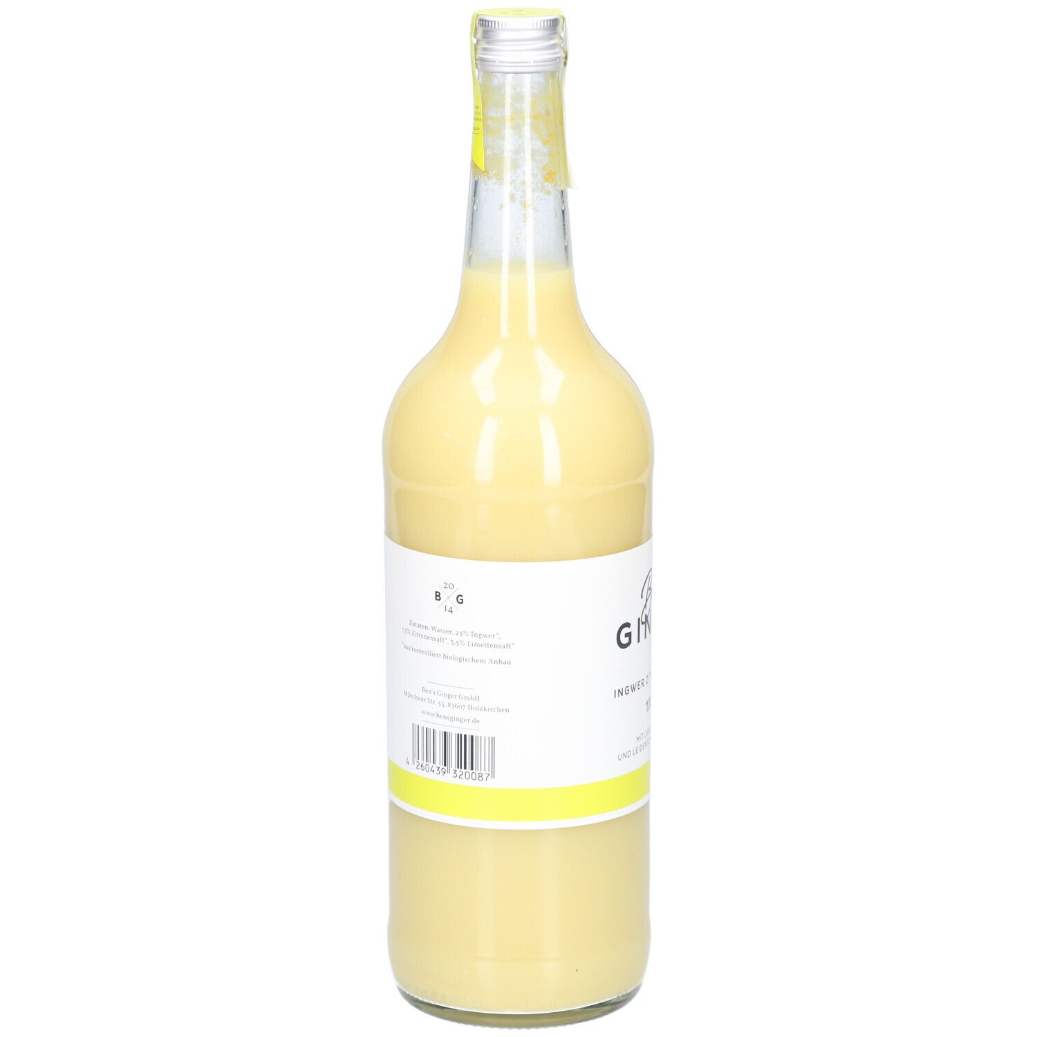 Glasflasche mit gelbem Inhalt. Etikett mit Text und Barcode. Gelber Verschluss. Rückansicht.
