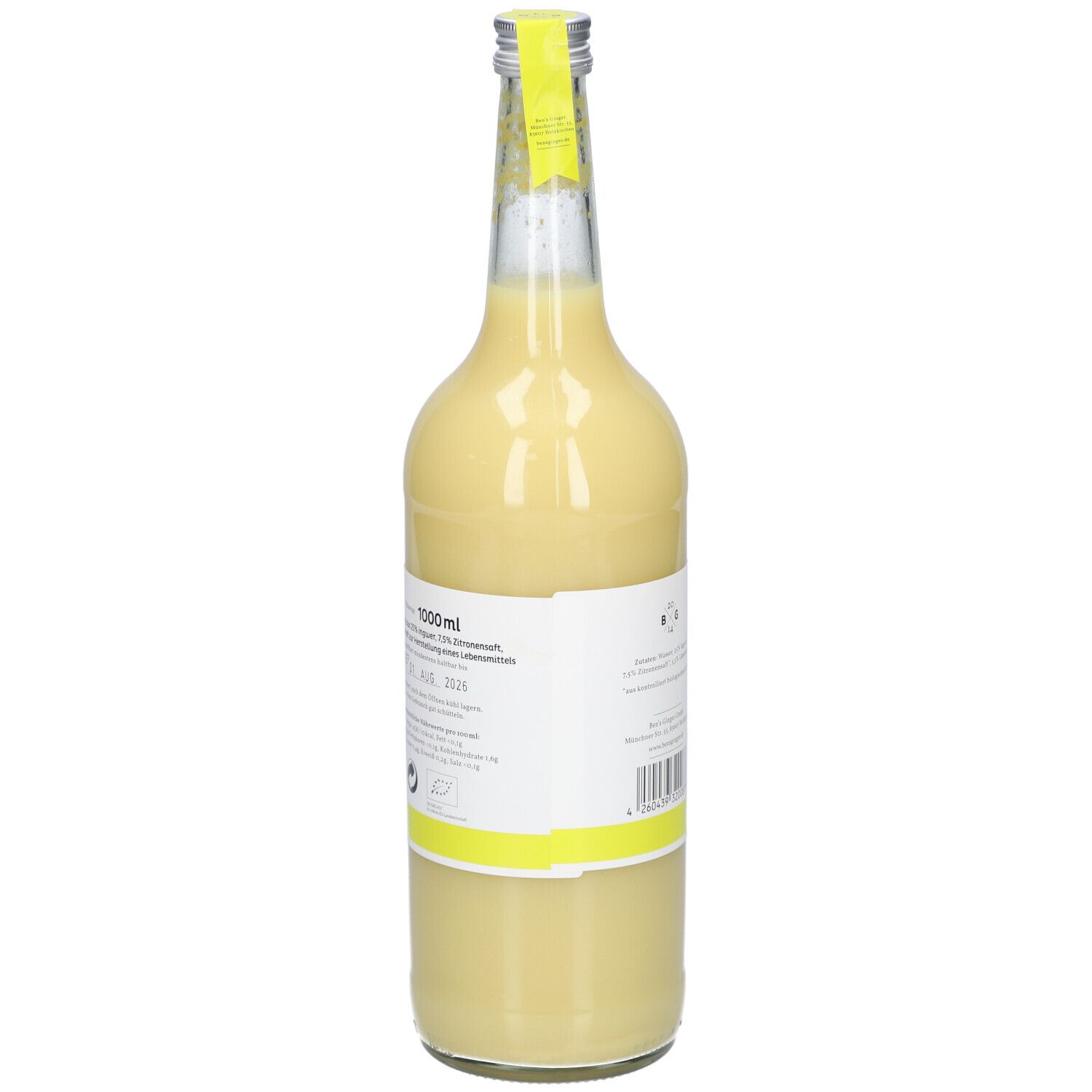 Glasflasche mit gelbem Inhalt. Etikett mit Text und Barcode. Gelber Verschluss. Rückansicht.