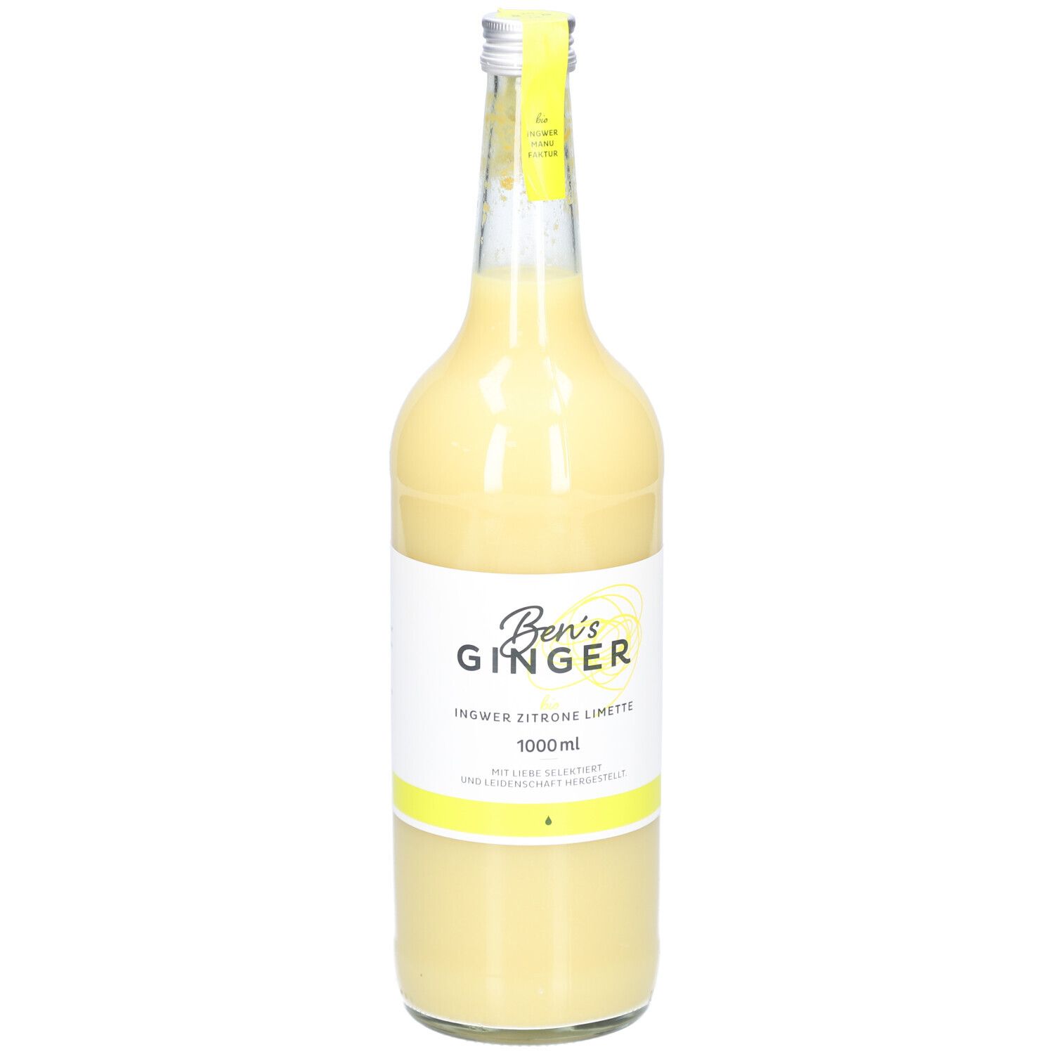 Glasflasche mit gelbem Inhalt. Etikett mit "Ben's Ginger", "Ingwer Zitrone Limette" und 1000ml. Gelber Verschluss.