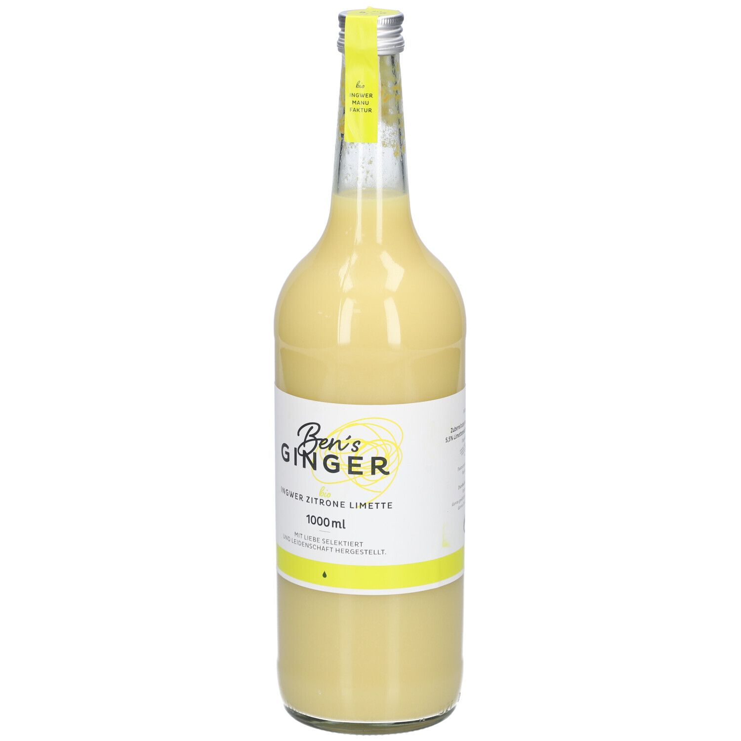 Glasflasche mit gelbem Inhalt. Etikett mit "Ben's Ginger", "Ingwer Zitrone Limette" und 1000ml. Gelber Verschluss.
