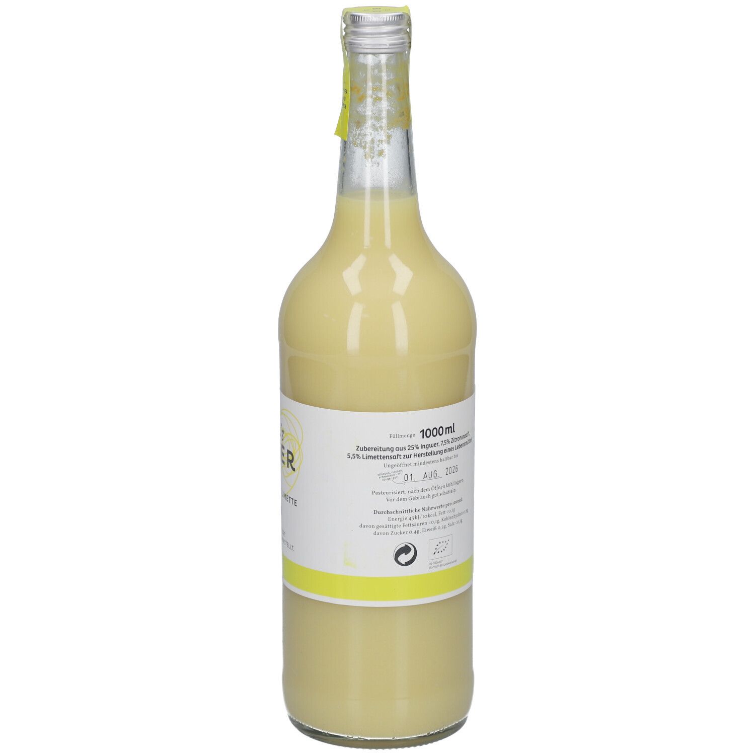 Glasflasche mit gelbem Inhalt. Etikett mit Text, Bio-Siegel und Barcode. Gelber Verschluss. Rückansicht.