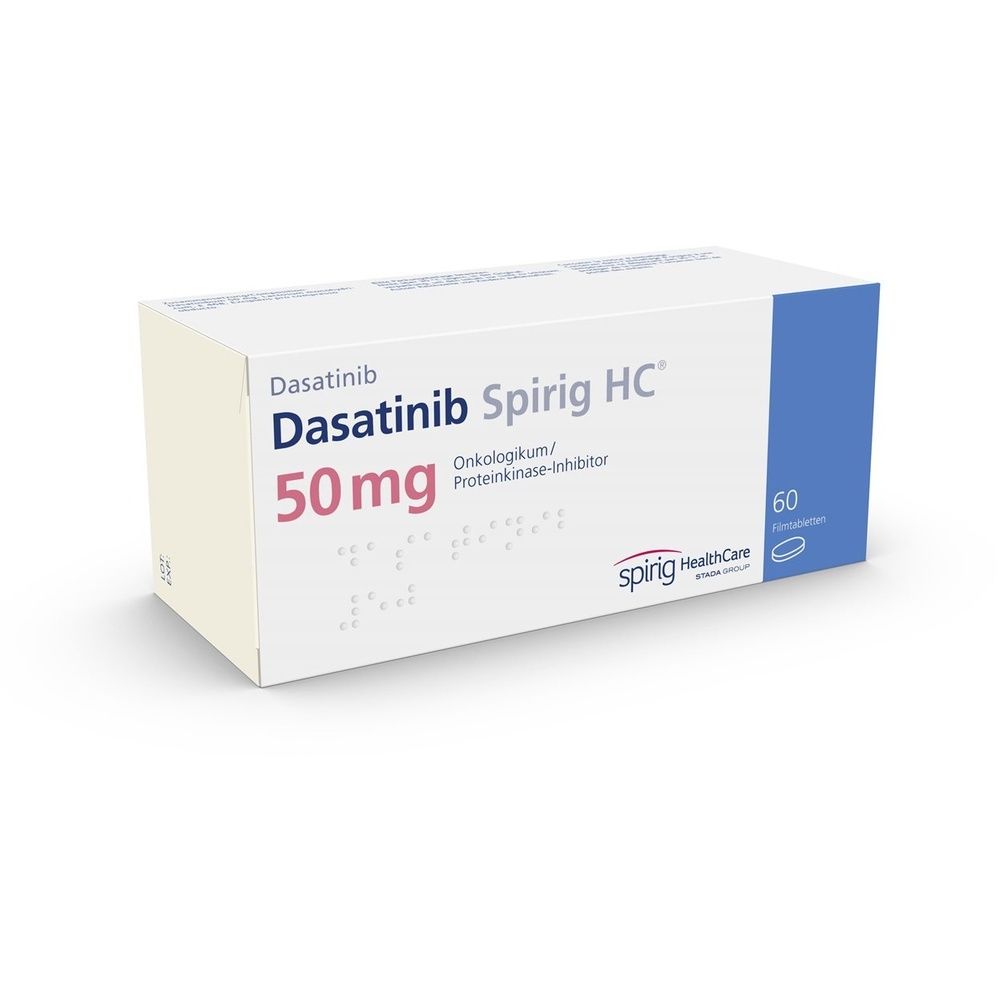 Boîte de Dasatinib Spirig HC comprimés pelliculés 50 mg. Inscription : Dasatinib, Spirig HC, 50 mg, 60 comprimés. Logo Sping HealthCare.