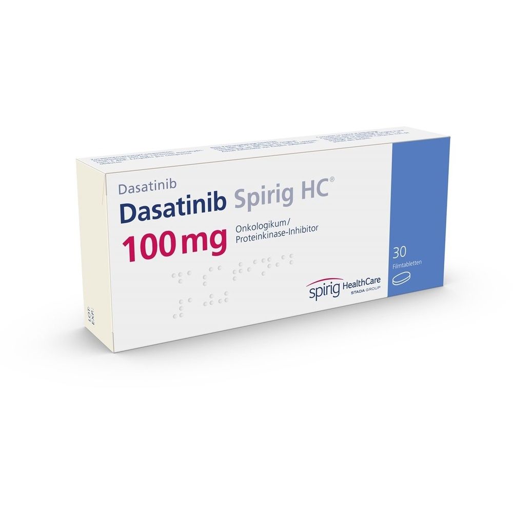 Boîte de Dasatinib Spirig HC comprimés pelliculés 100 mg, 30 comprimés. Inscription : Onkologikum/Proteinkinase-Inhibitor. Marque : Spirig Healthcare.