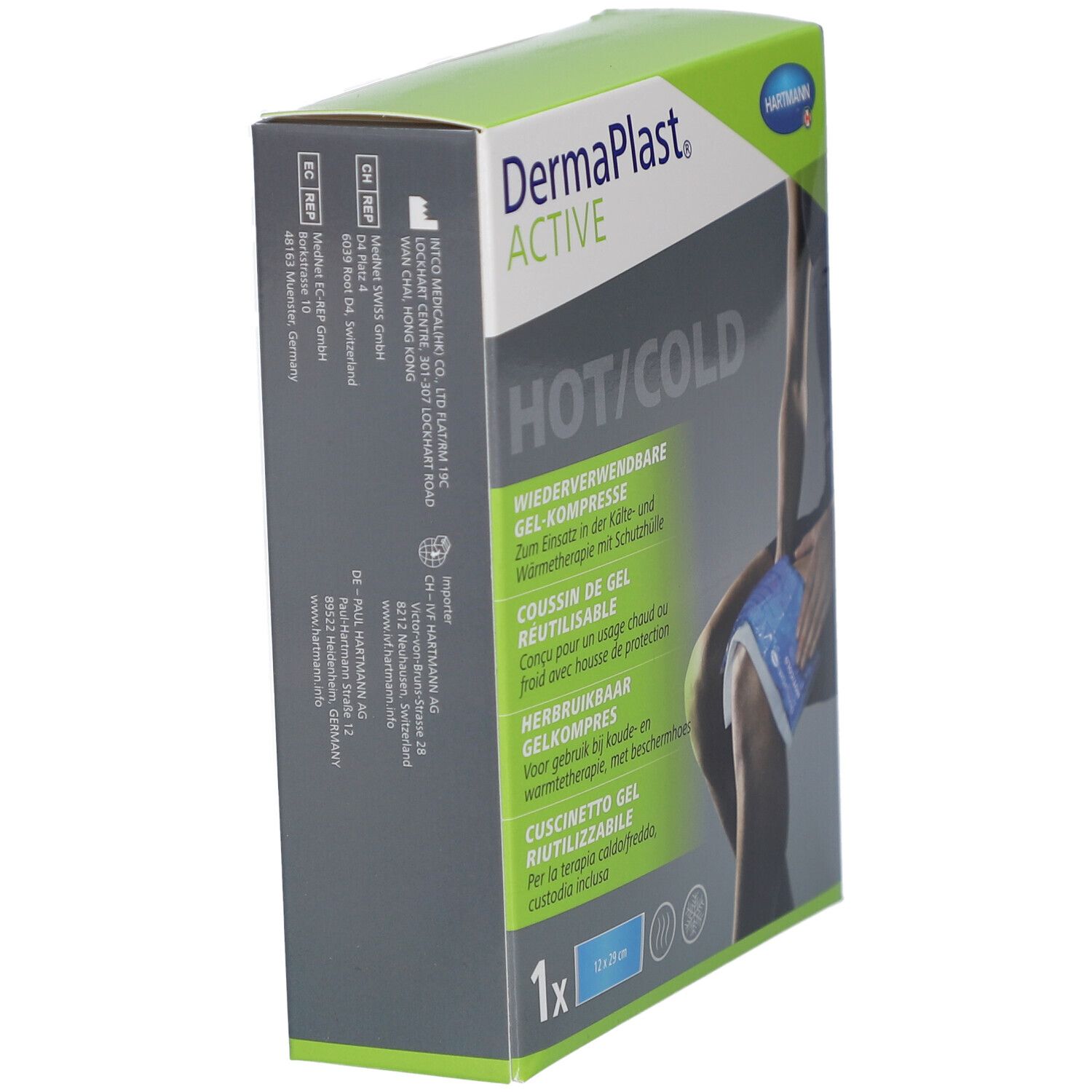 Verpackung, Seitenansicht. Produktname: DermaPlast Active. Text: HOT/COLD, wiederverwendbar. Herstellerinformationen. Gelkissen-Abbildung.