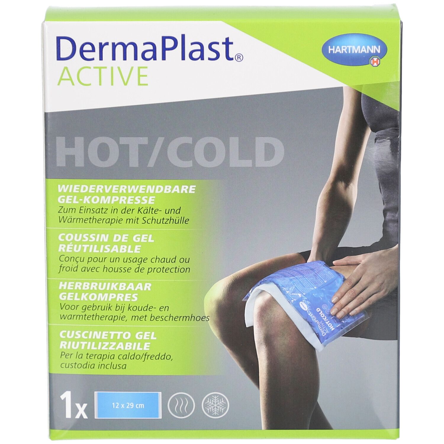 Verpackung mit Gelkissen. Produktname: DermaPlast Active. Text: HOT/COLD, wiederverwendbar. Gelkissen auf Knie angewendet. Größe: 12 x 29 cm.