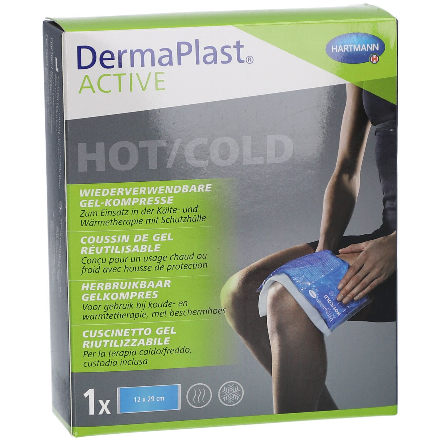 Verpackung mit Gelkissen. Produktname: DermaPlast Active. Text: HOT/COLD, wiederverwendbar. Gelkissen auf Knie angewendet. Größe: 12 x 29 cm.