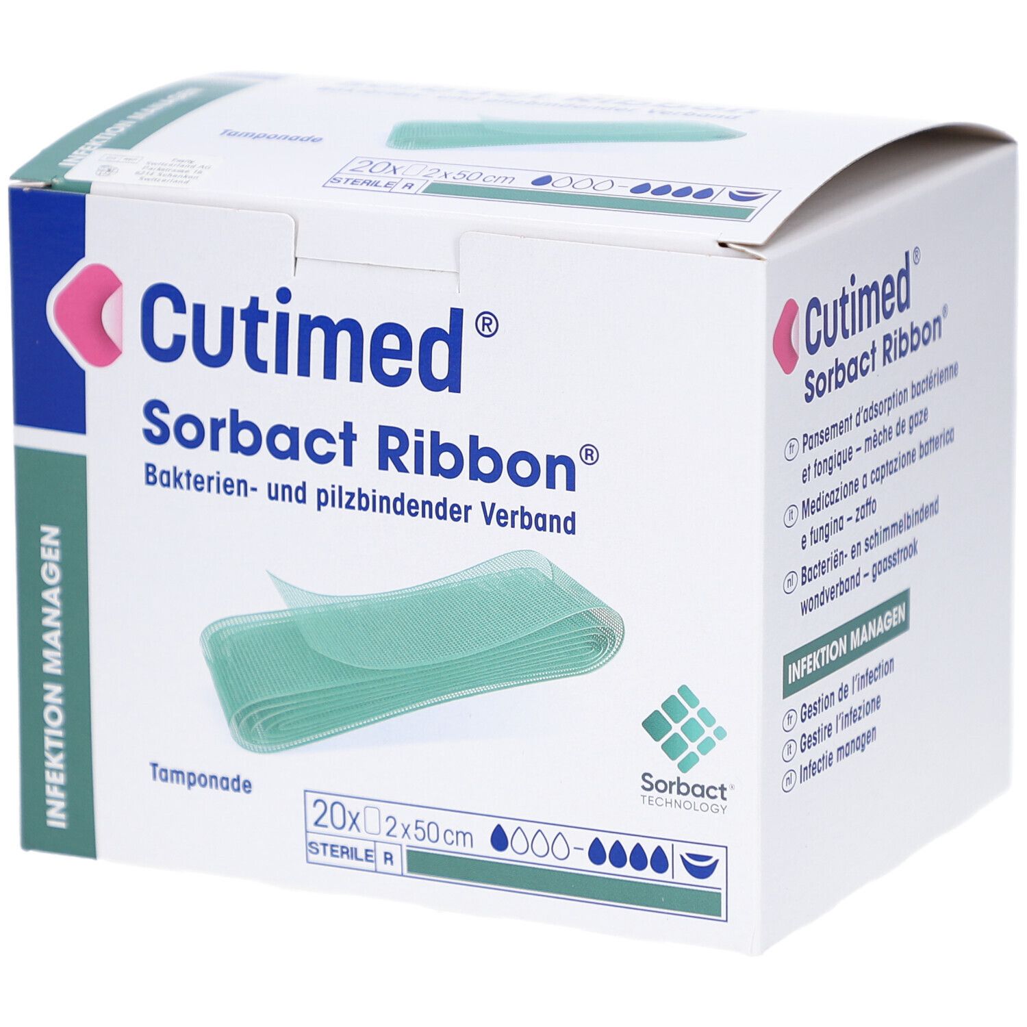 Verpackung von Cutimed Sorbact Ribbon. Box mit Verband, 20 Stück, 2x50cm. Grün-weißes Design, Produktname und Logo.