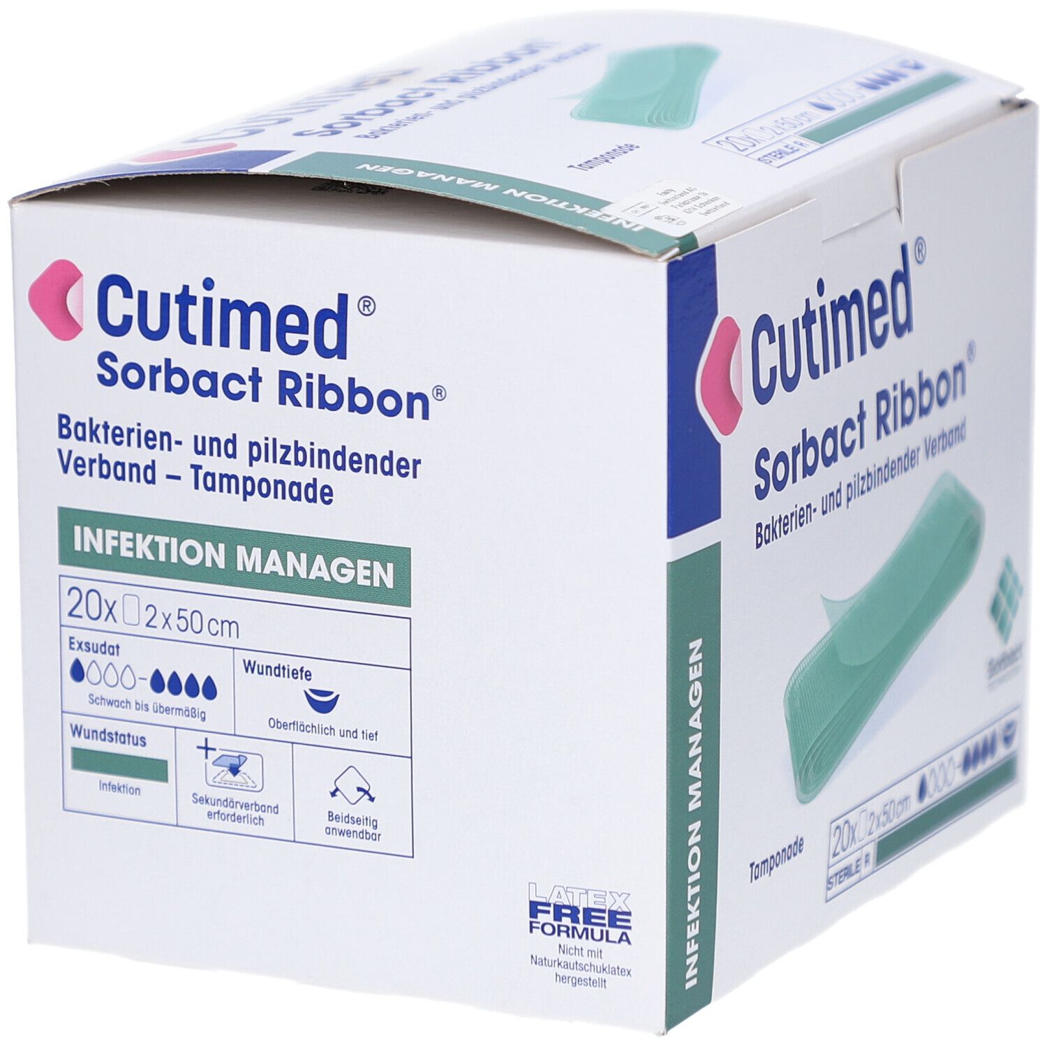 Cutimed Sorbact Ribbon Verpackung. Box mit Verband, 20 Stück, 2x50cm. Grün-weißes Design, Produktname und Logo.